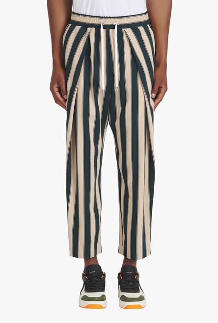 Sand-colored and dark green striped eco-designed cotton pleated pants - 5