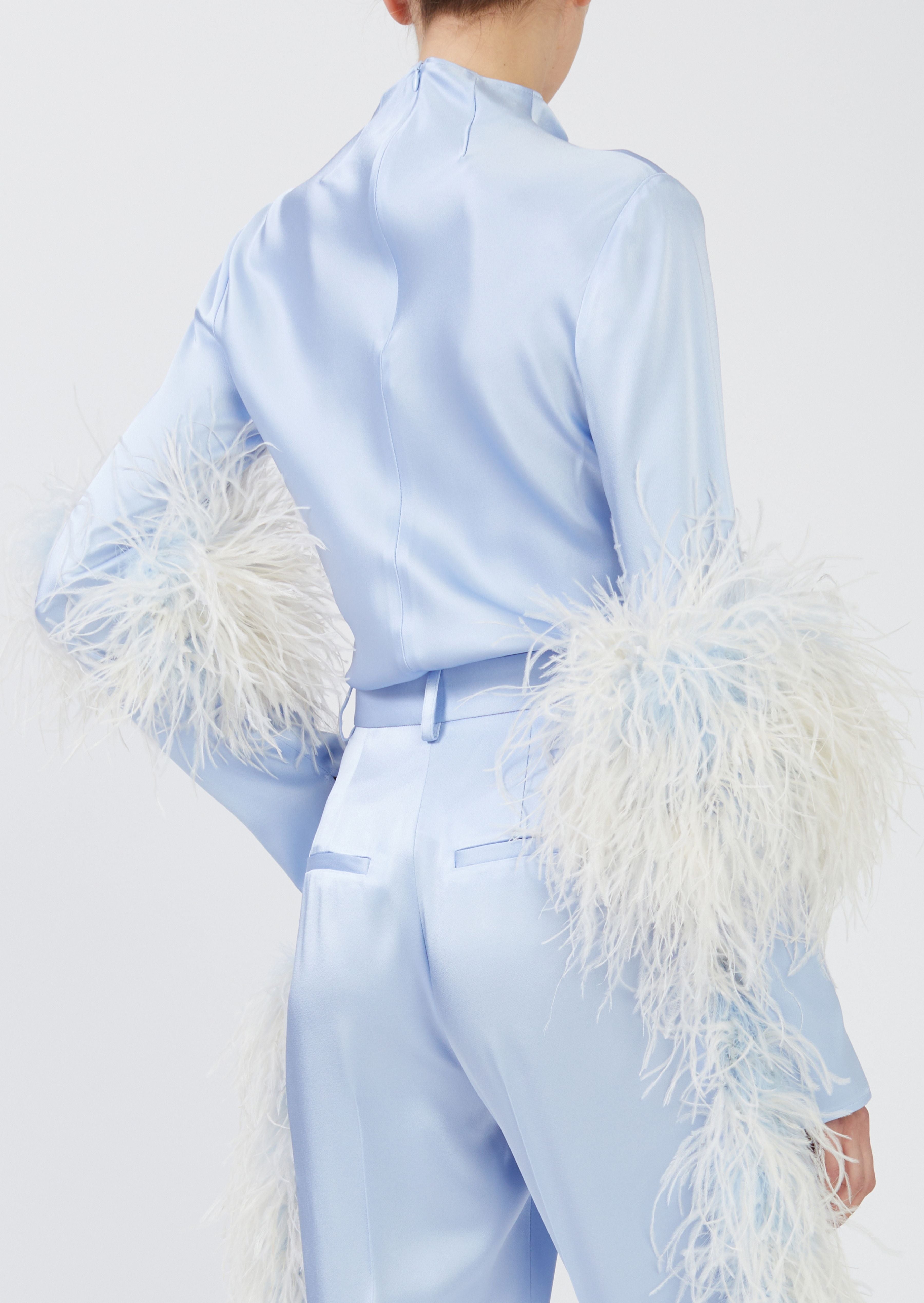 Satin Bias Mock Neck Top With Feathers - 2