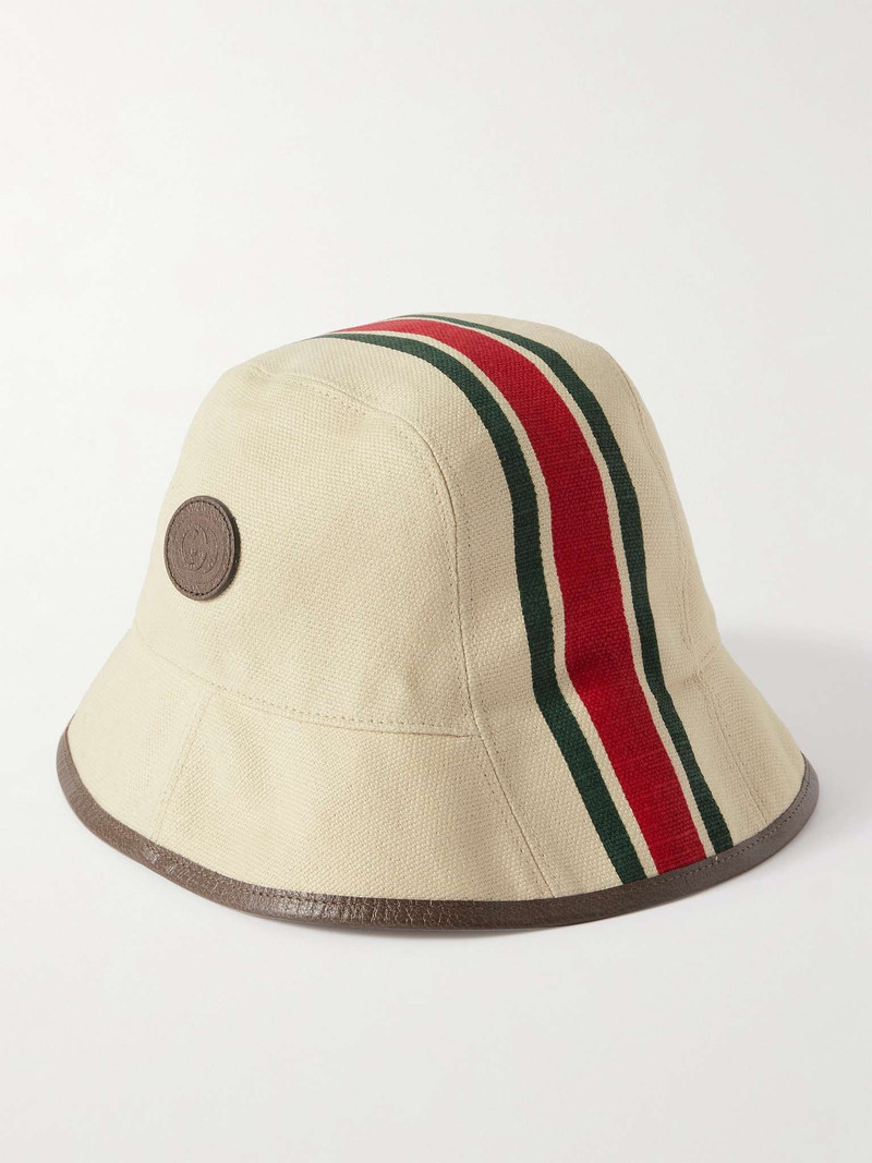 Leather-Trimmed Striped Linen Bucket Hat - 1