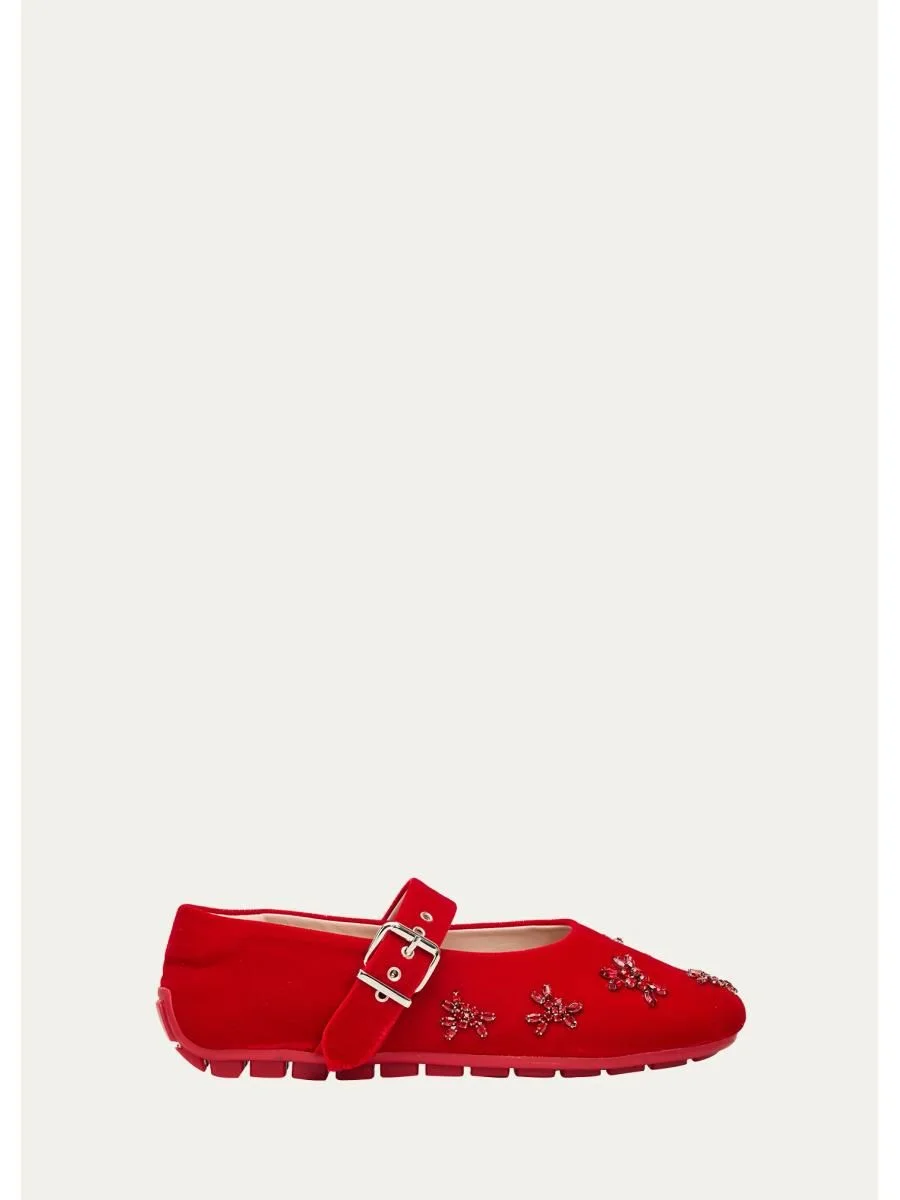 Embellished Velvet Mary Jane Ballerina Flats - 1