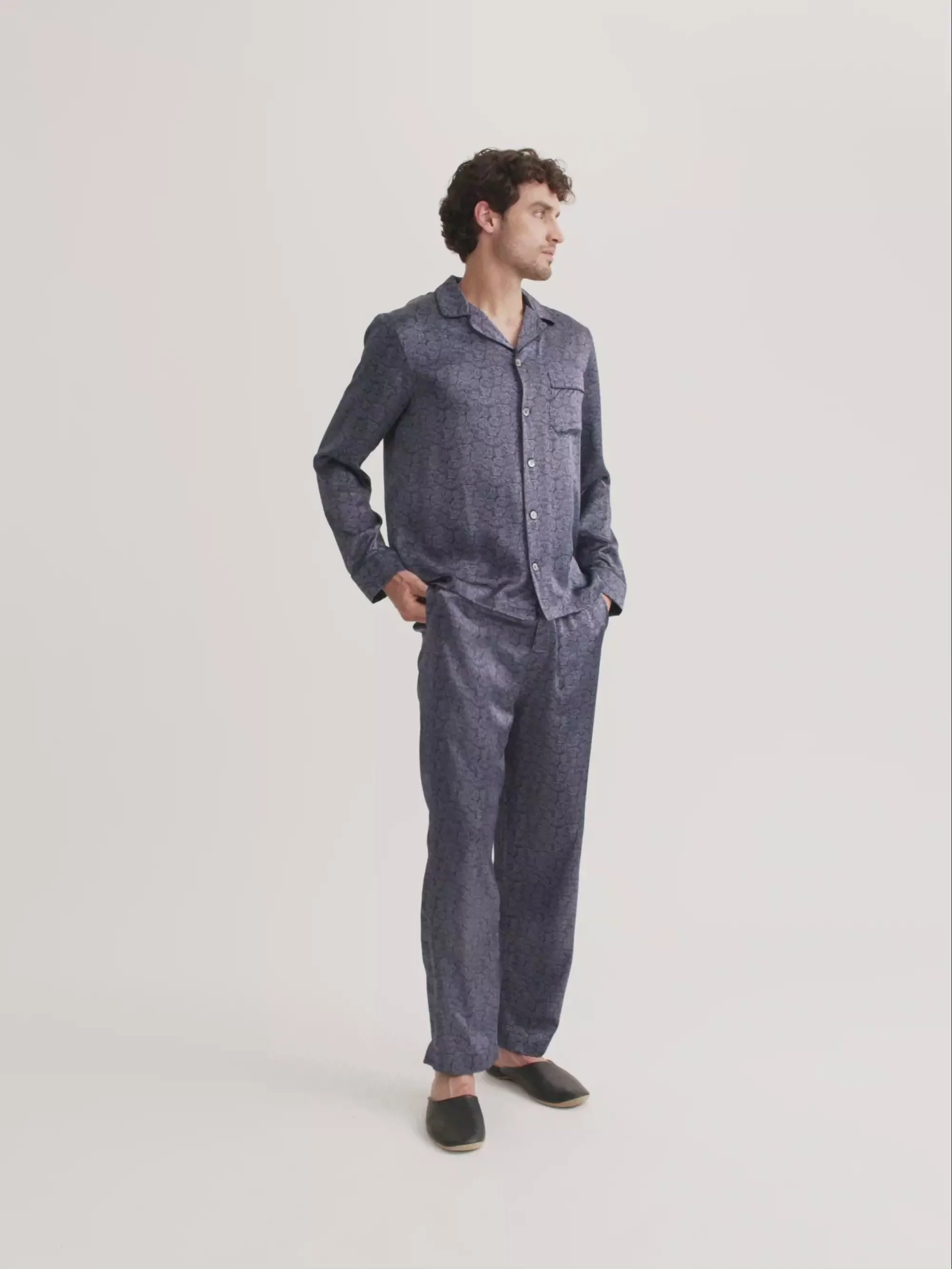 Men's Silk Pajamas Navy Blue Rose - 1