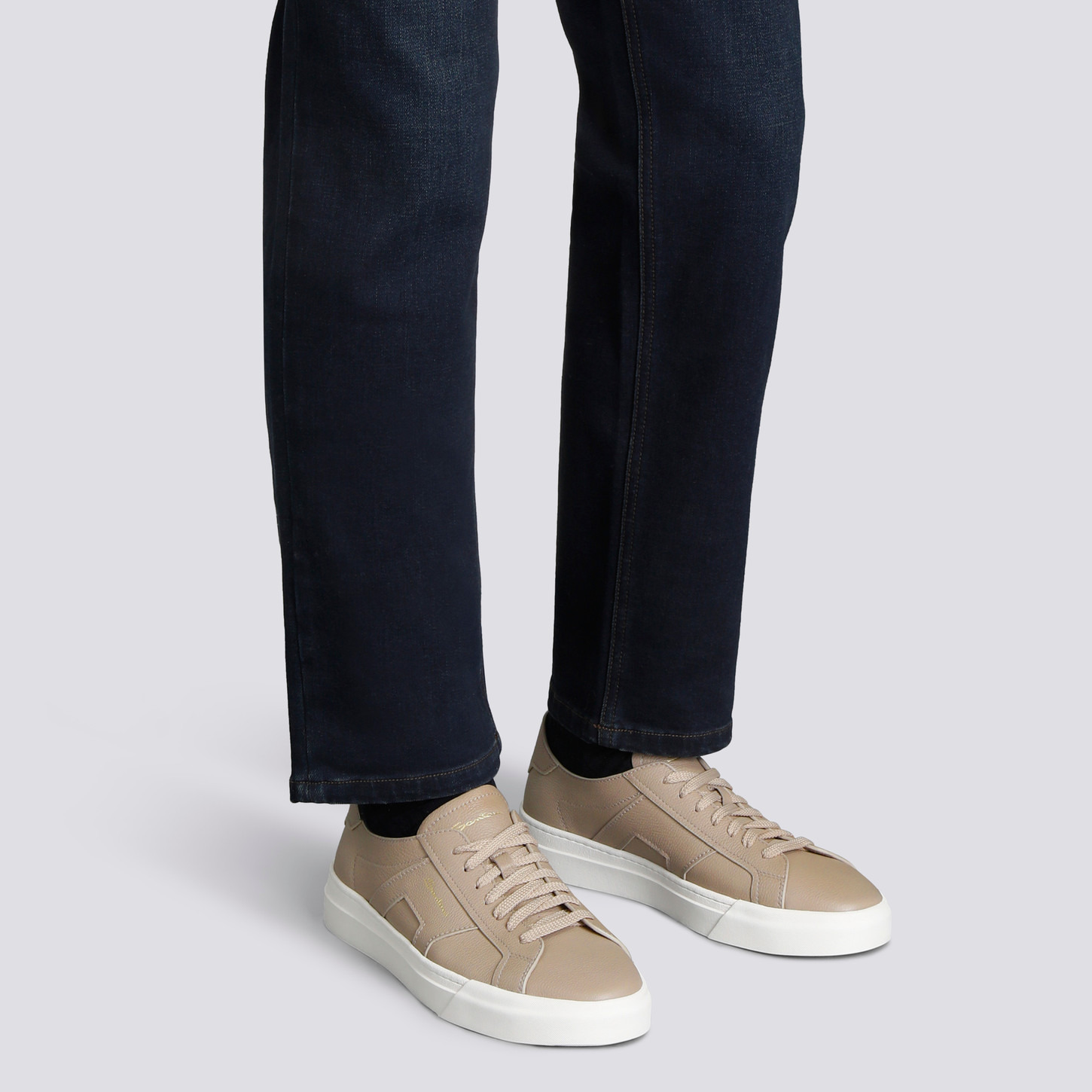 Men's beige tumbled leather Double Buckle Sneaker - 2