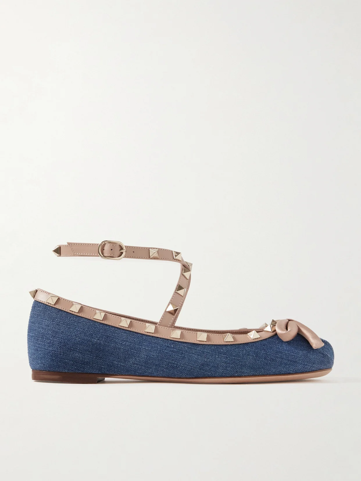 Rockstud Satin And Leather-trimmed Denim Ballet Flats - 1