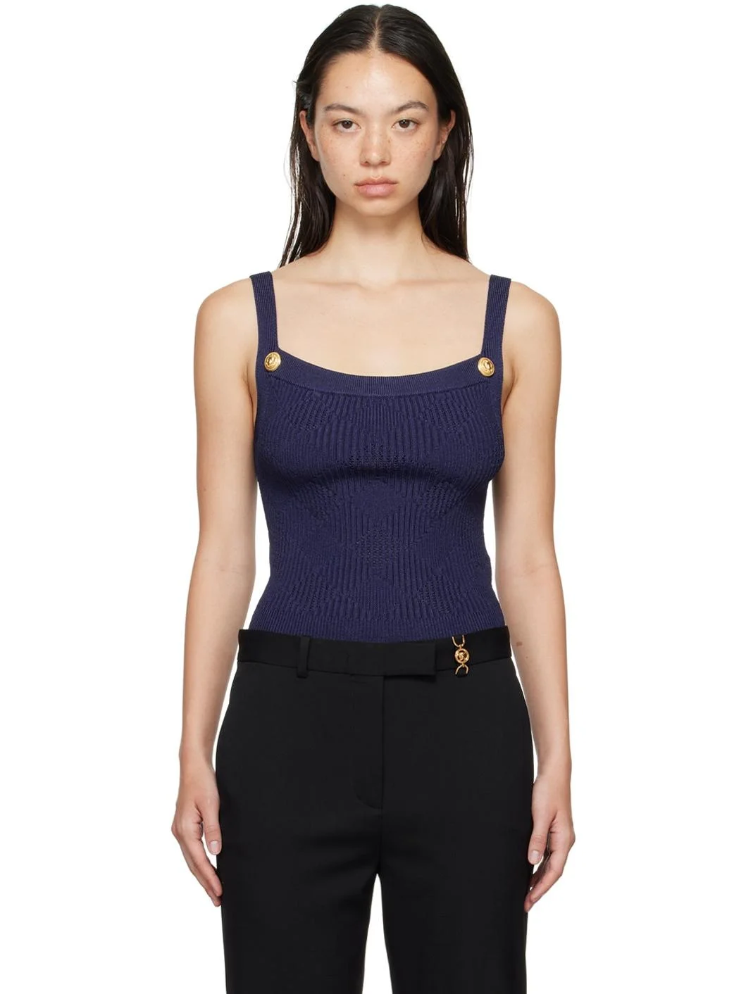 Blue Gingham Openwork Knit Tank Top - 1