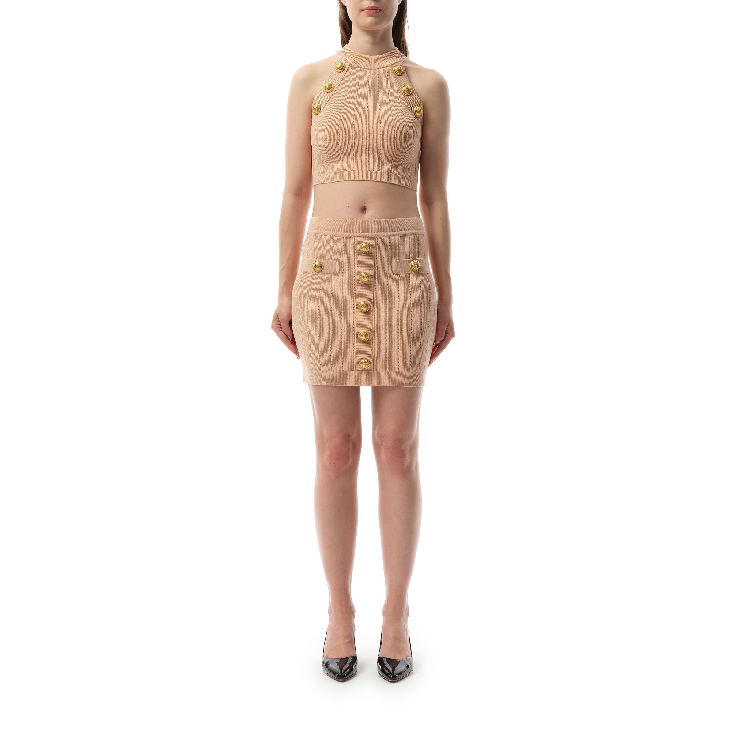 2 Pockets Buttoned Knit Short Skirt in Nude Rose - 4