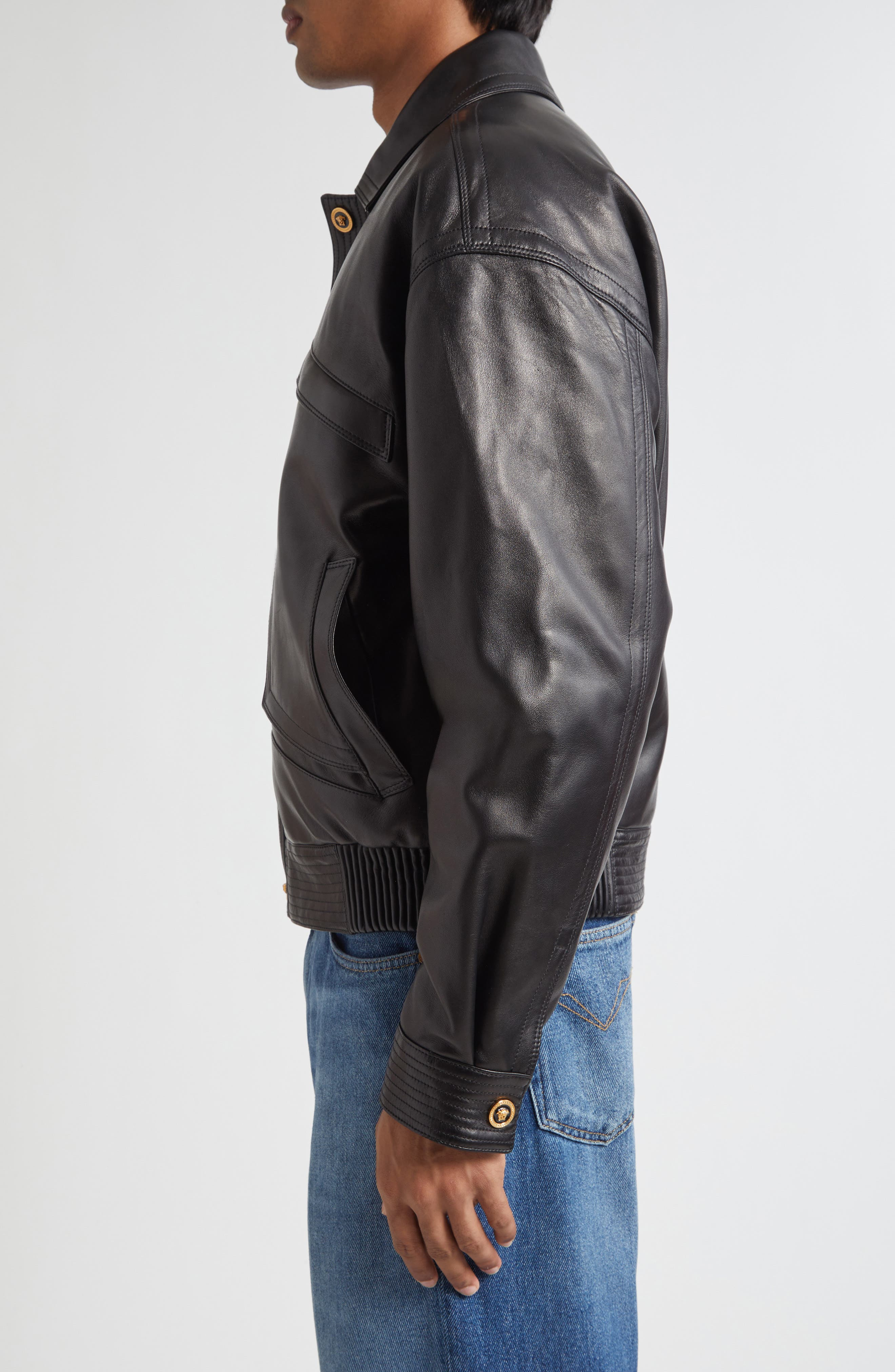 Versace Plongé Leather Blouson Jacket in Black at Nordstrom - 3