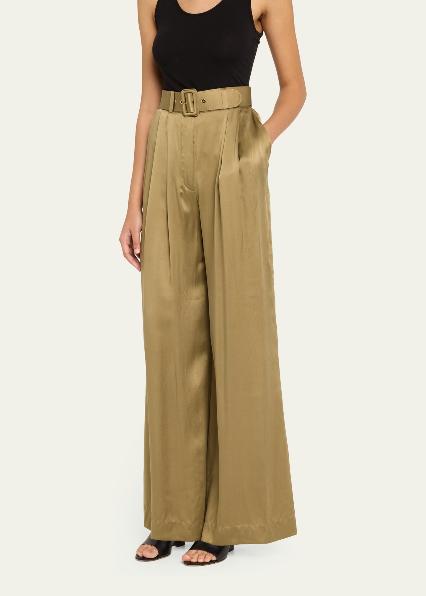 Belted Silk Tuck Pants - 4