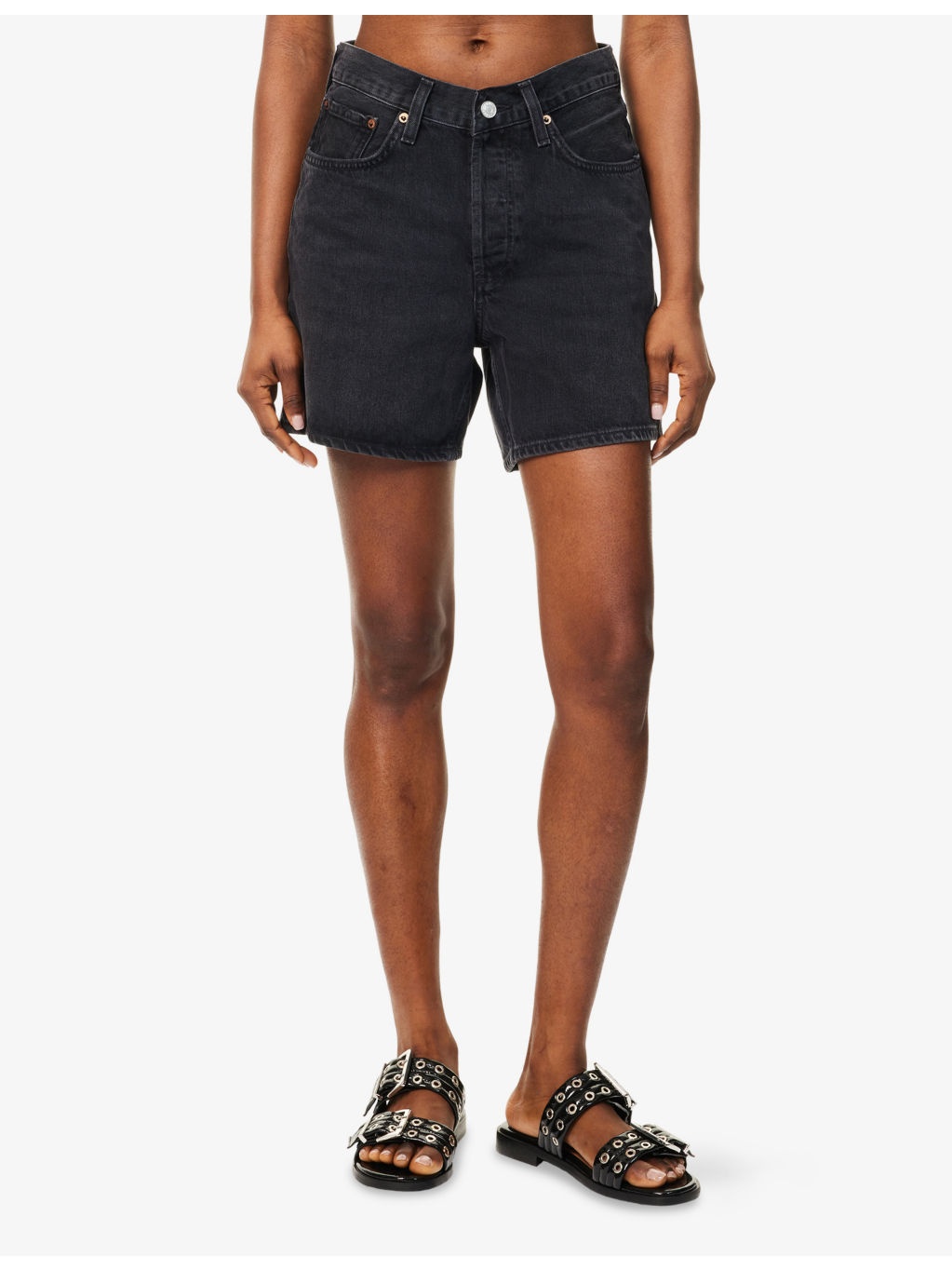 V-waist Mid-Rise Denim Shorts - 3