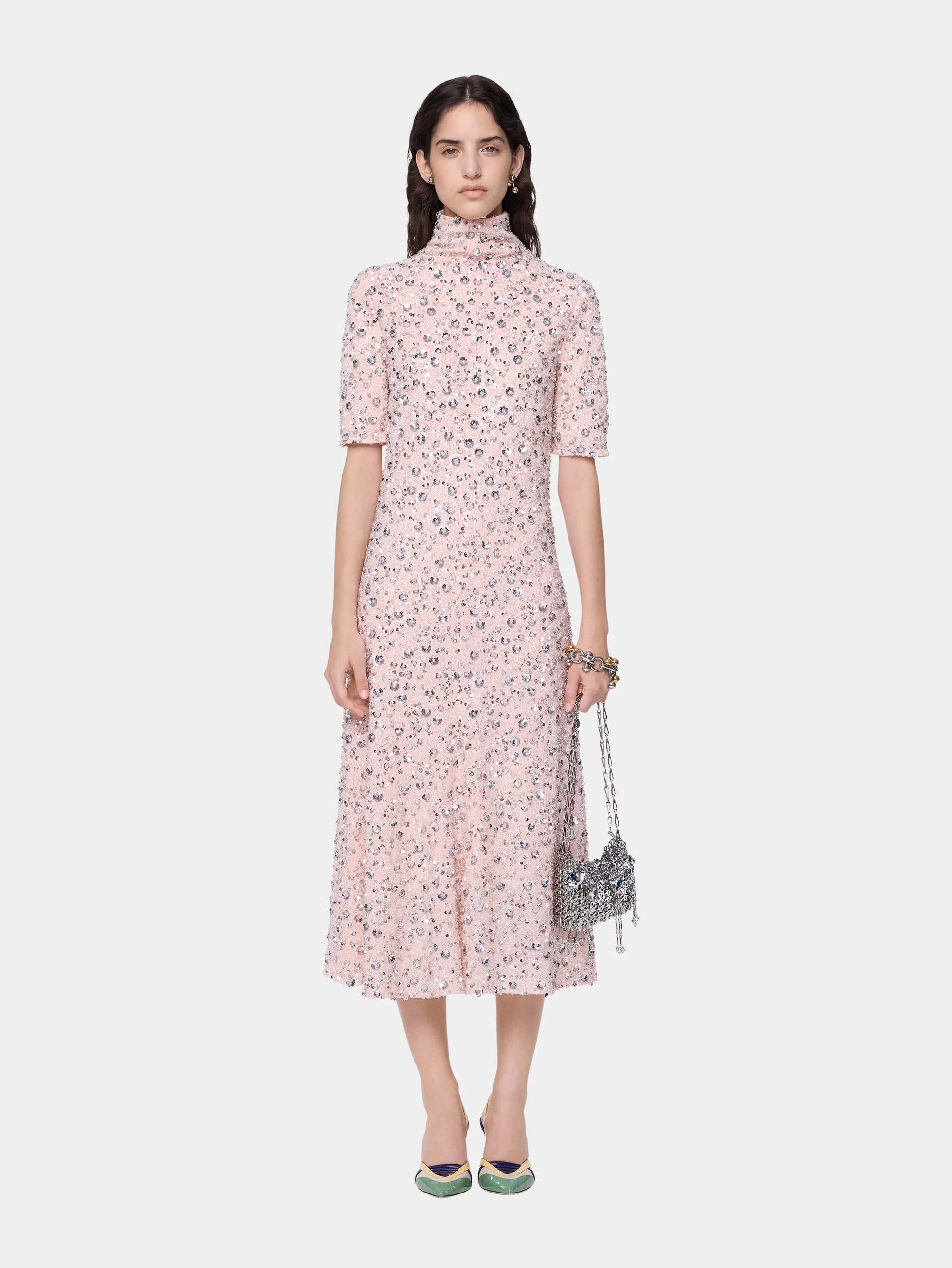 MIDI DRESS WITH SILVER FLORAL SEQUIN EMBROIDERY - 1