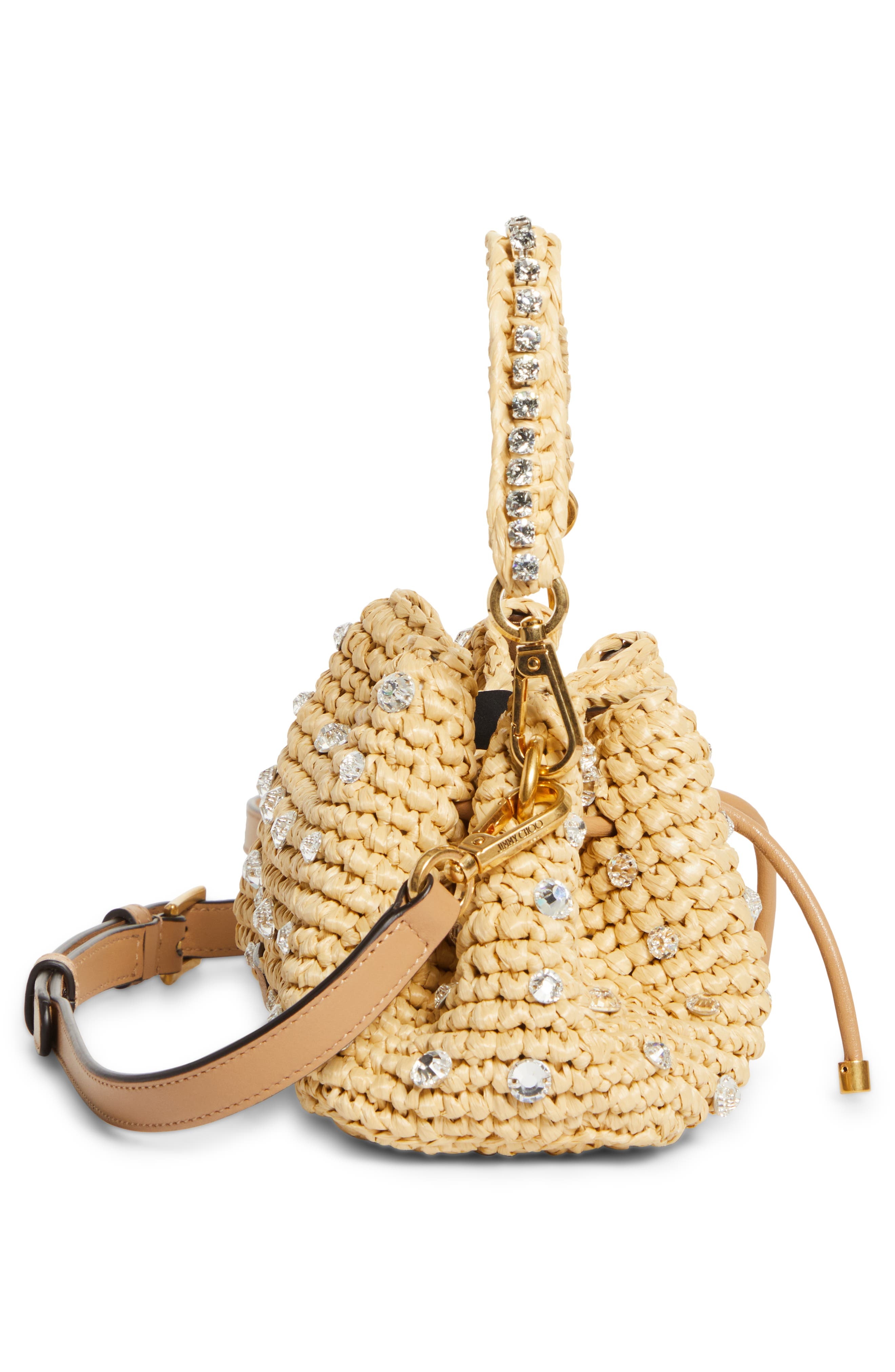 Jimmy Choo Small Cinch Crystal Embellished Raffia Bucket Bag in Natural/Gold at Nordstrom - 6