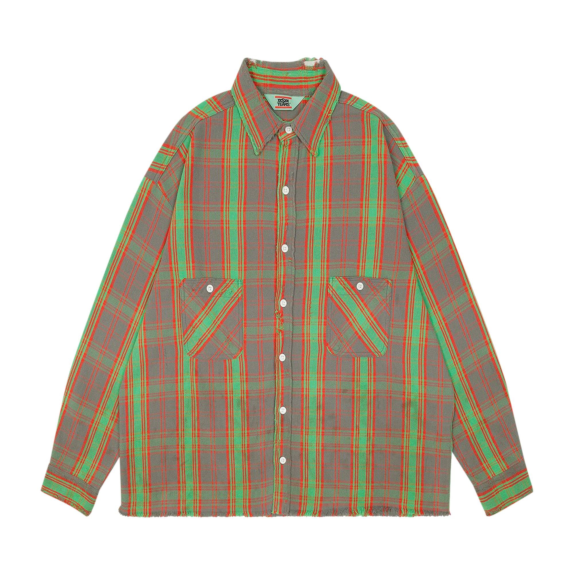 Saint Michael Denim Tears Flannel Shirt 'Green/Red' - 1