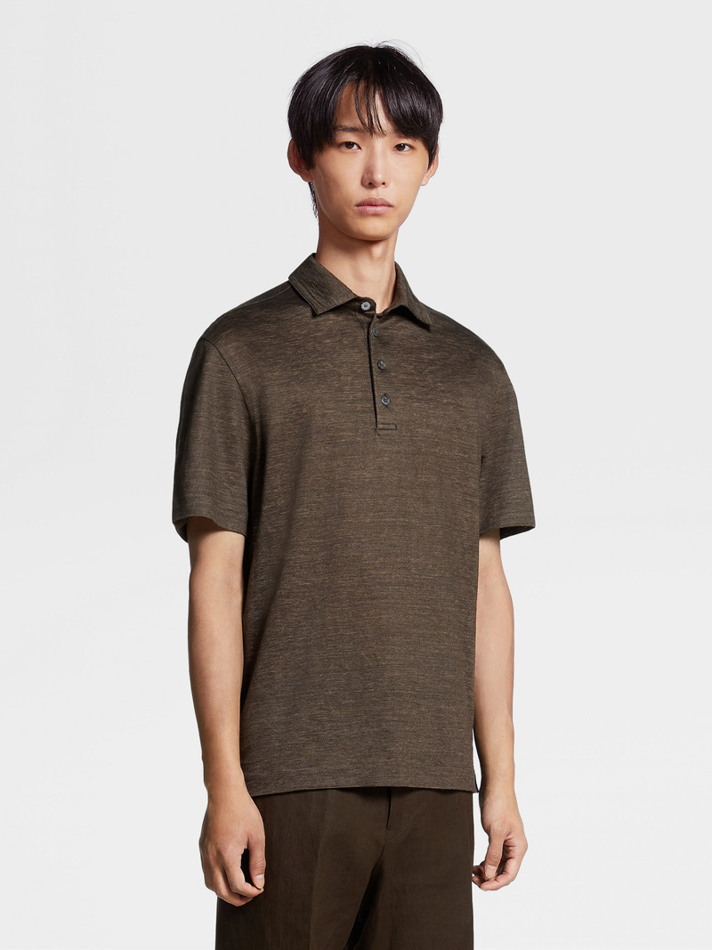 ZEGNA DARK BROWN PURE LINEN SHORT-SLEEVE POLO outlook