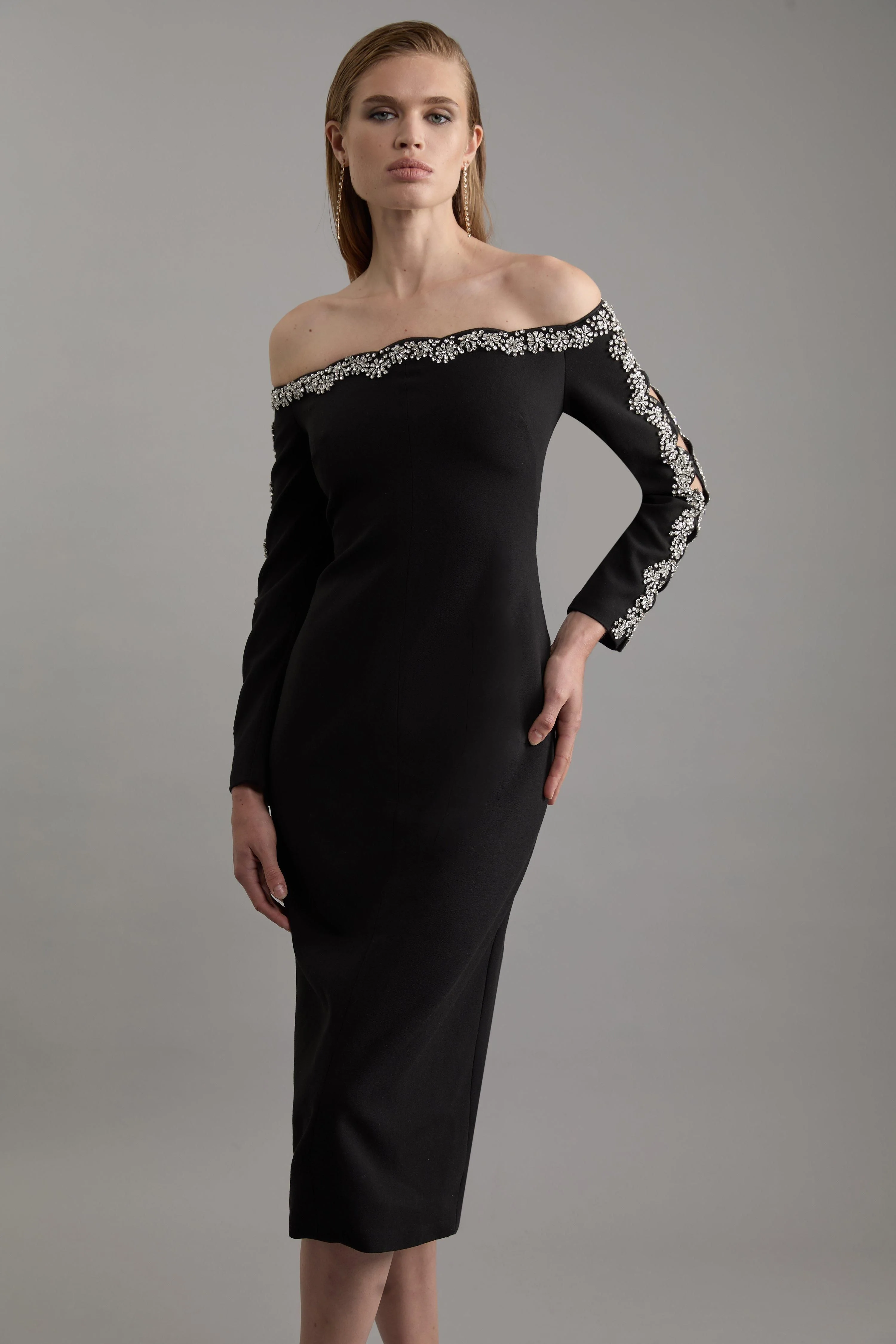 Crystal Embellished Scalloped Bardot Tailored Midaxi Dress - 1