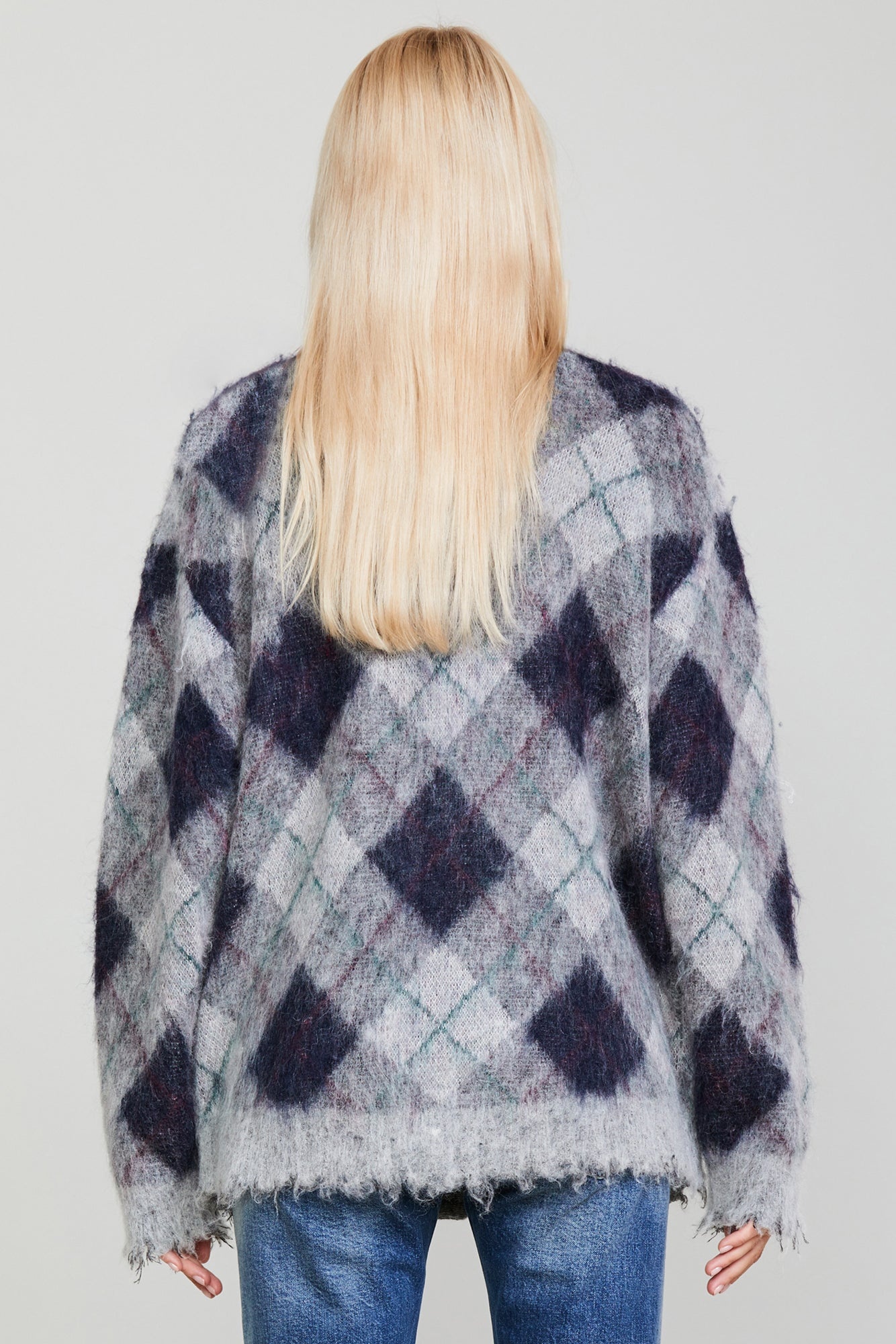 OVERSIZED DISTRESSED EDGE CARDIGAN - GREY/GREEN ARGYLE - 4