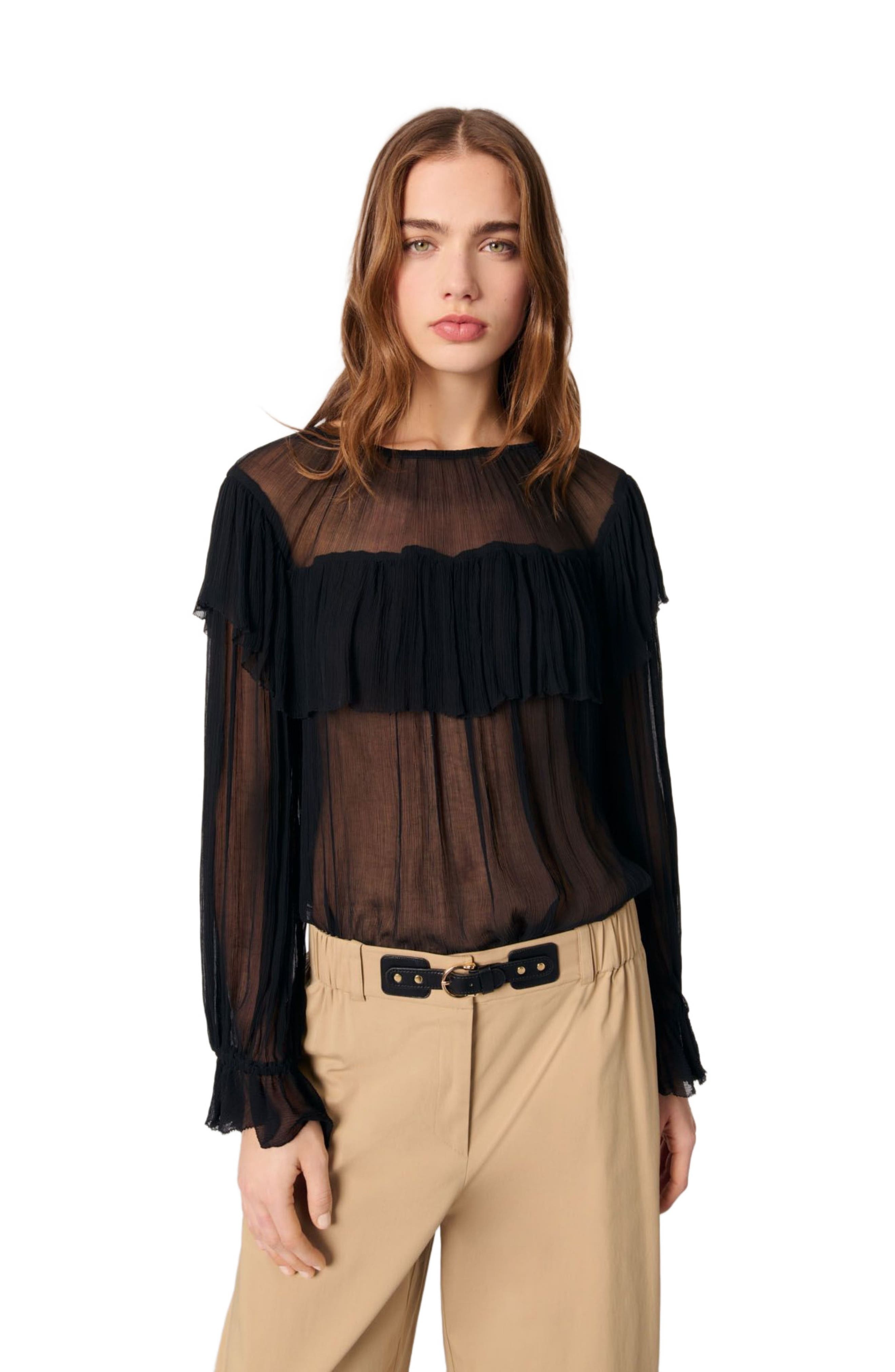 maje Ruffled chiffon top in Black at Nordstrom - 4