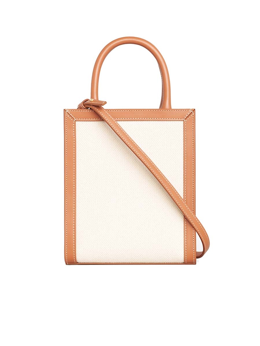 Mini Vertical Cabas Celine in Textile with Celine Print and Calfskin in Tan - 4