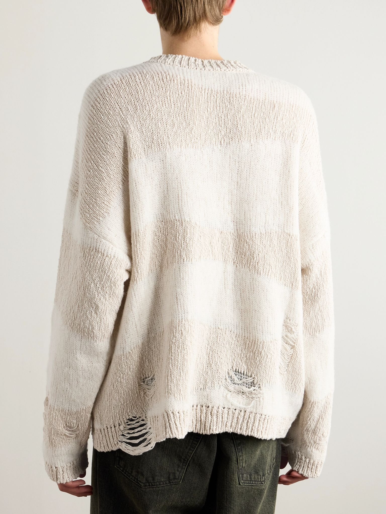 Popover Distressed Striped Cotton and Linen-Blend Sweater Neutral - 3