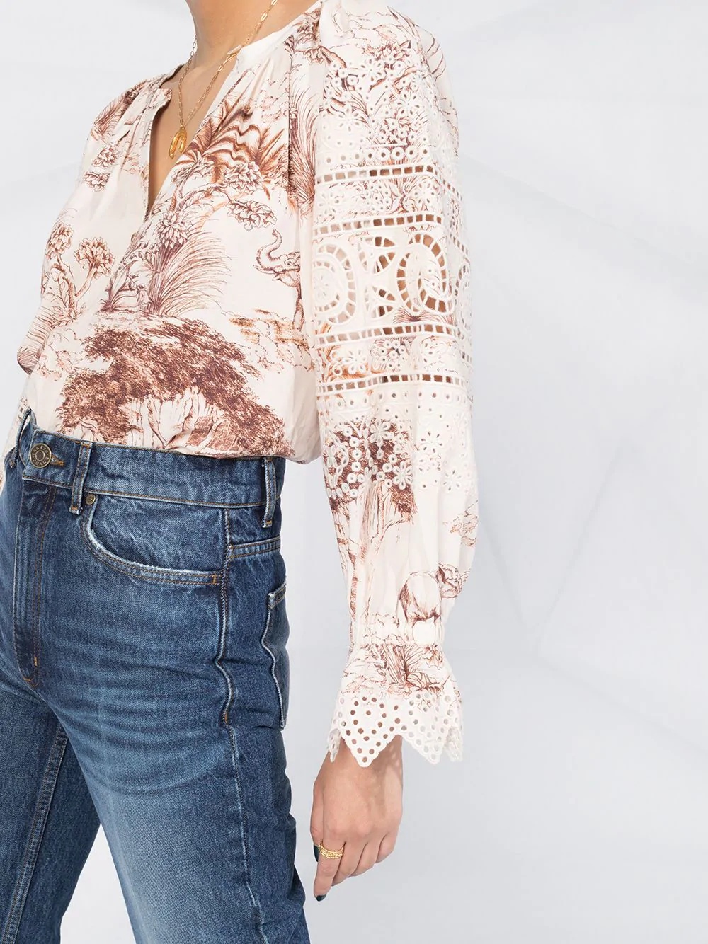 foliage print cut-out detail blouse - 5