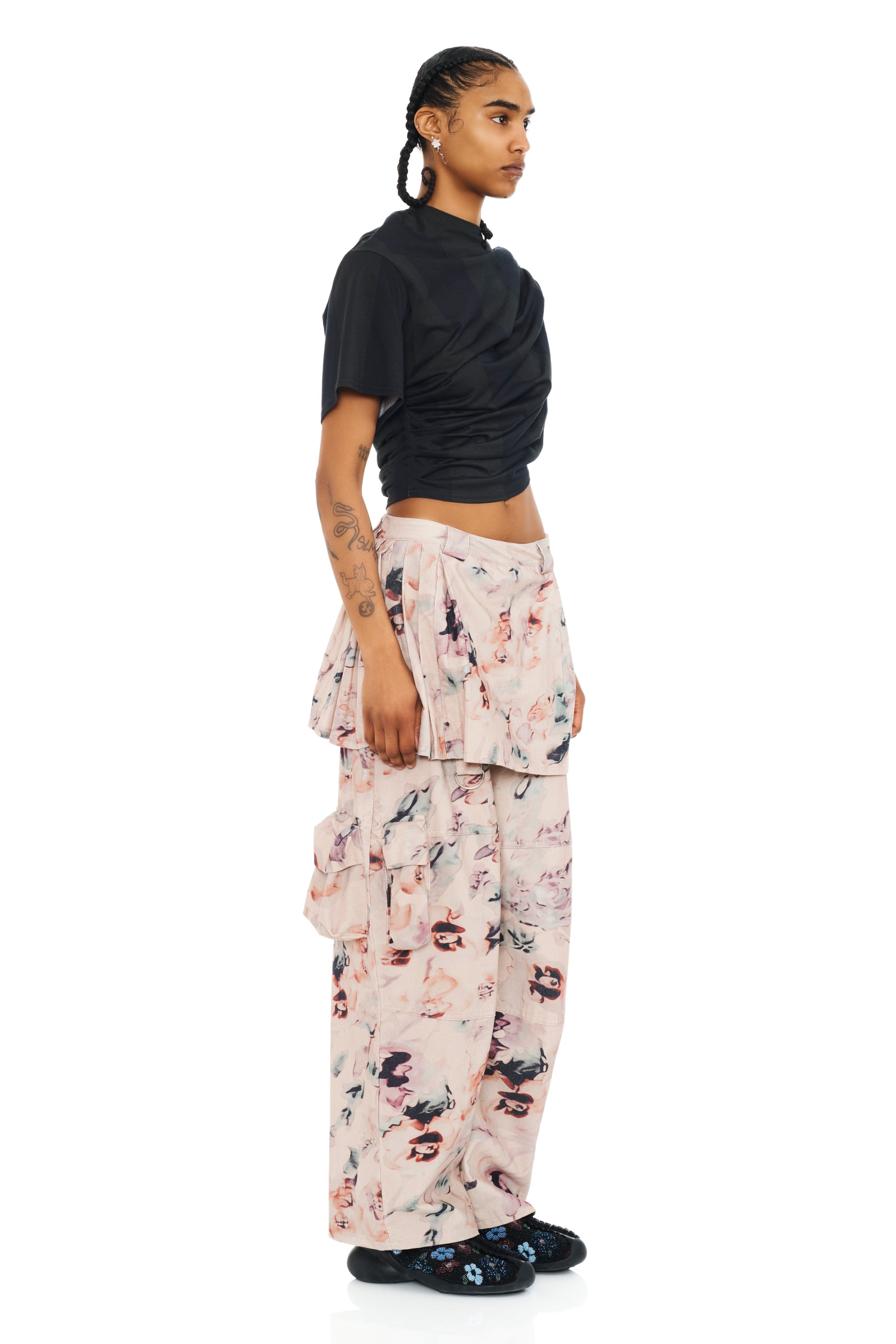 BEIGE WATERCOLOR ROSES LAWN SKIRT CARGO PANT - 2