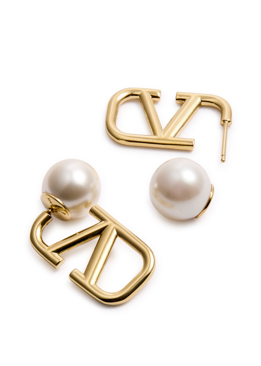 VLogo faux pearl-embellished hoop earrings - 3