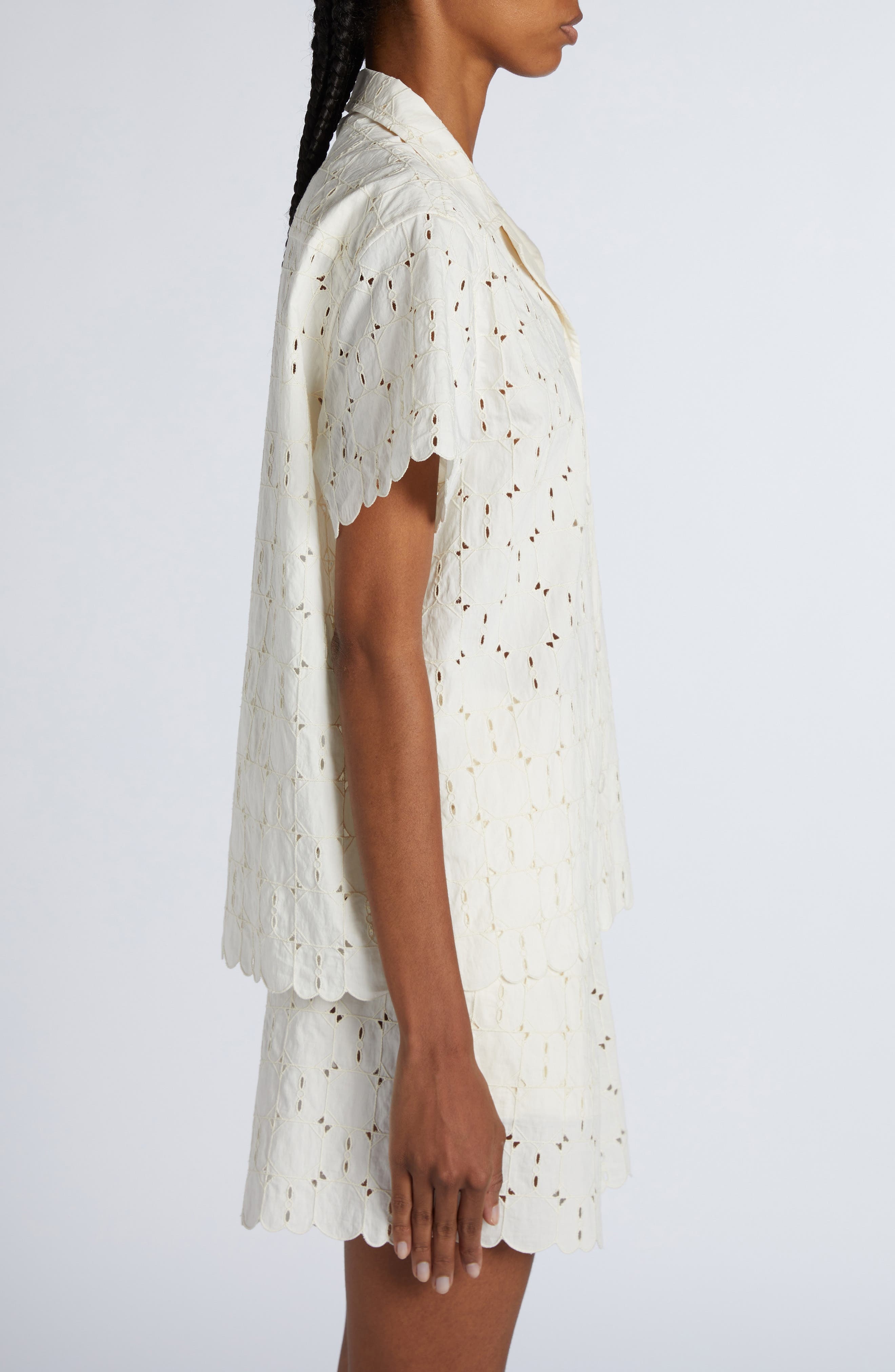 Moncler Cotton Blend Eyelet Button-Up Shirt in White at Nordstrom - 4