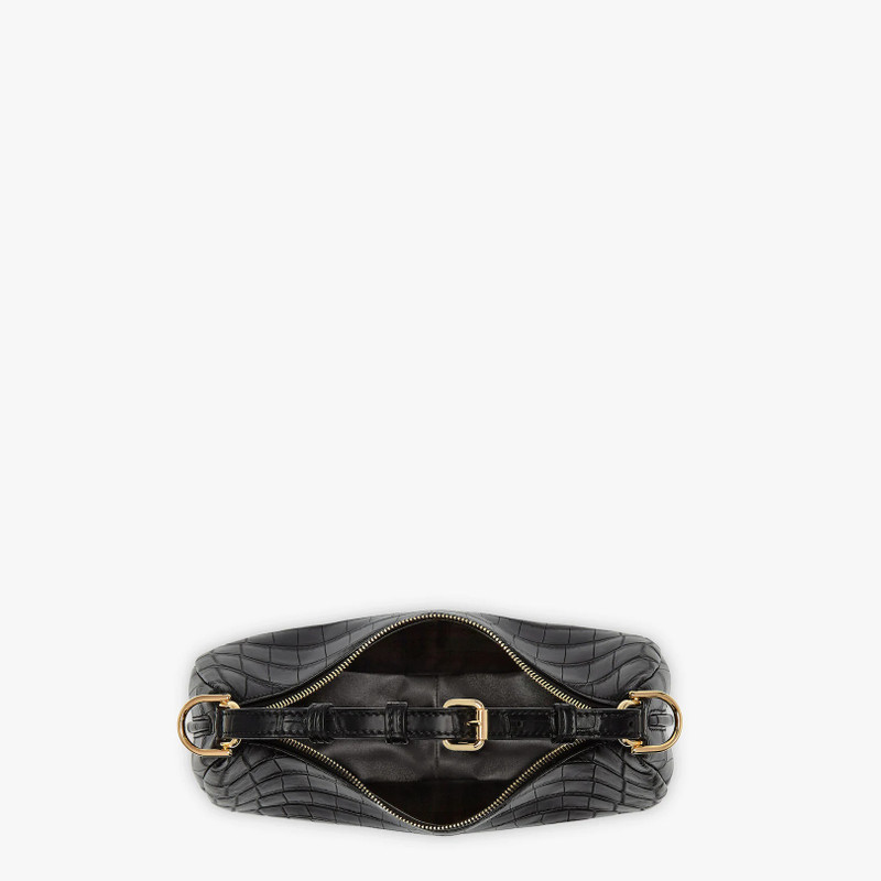 Small hobo bag made of exquisite black matte crocodile leather, with vintage gold metal FENDI letter 5