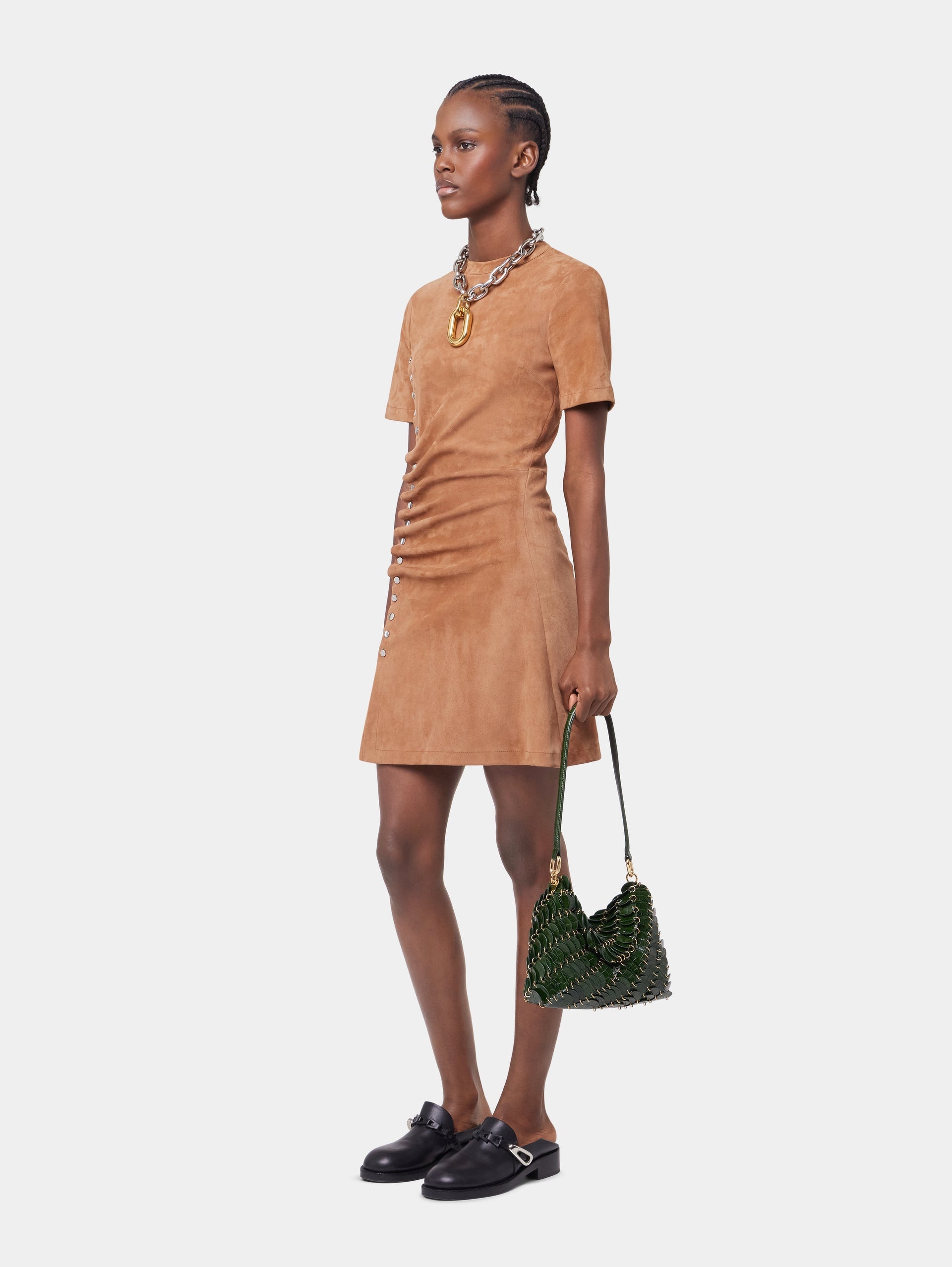 CARAMEL SHORT CAMEL DRAPED DRESS IN LEATHER - 4