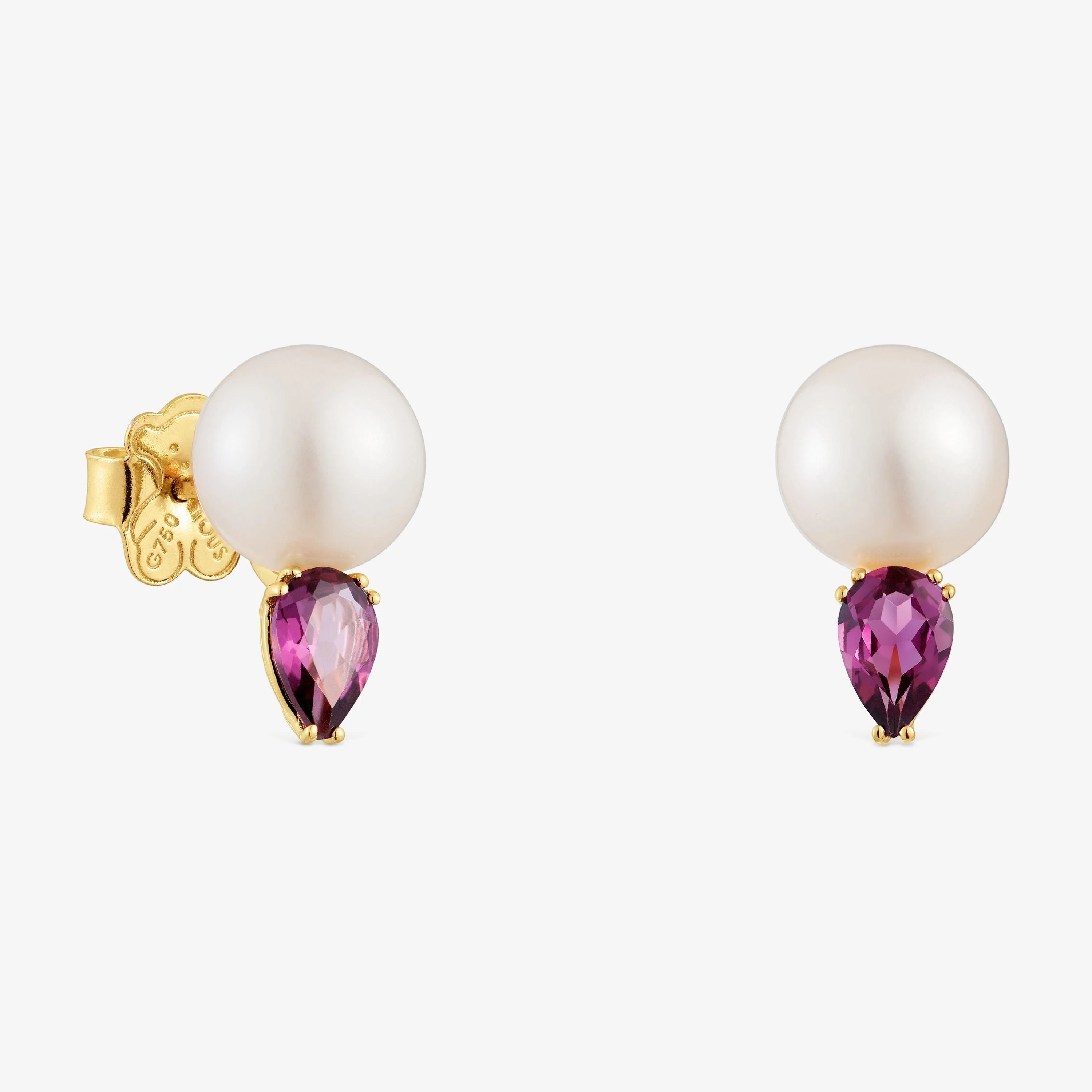 18K solid gold Earrings with rhodolites and cultured pearl Ivette - 1