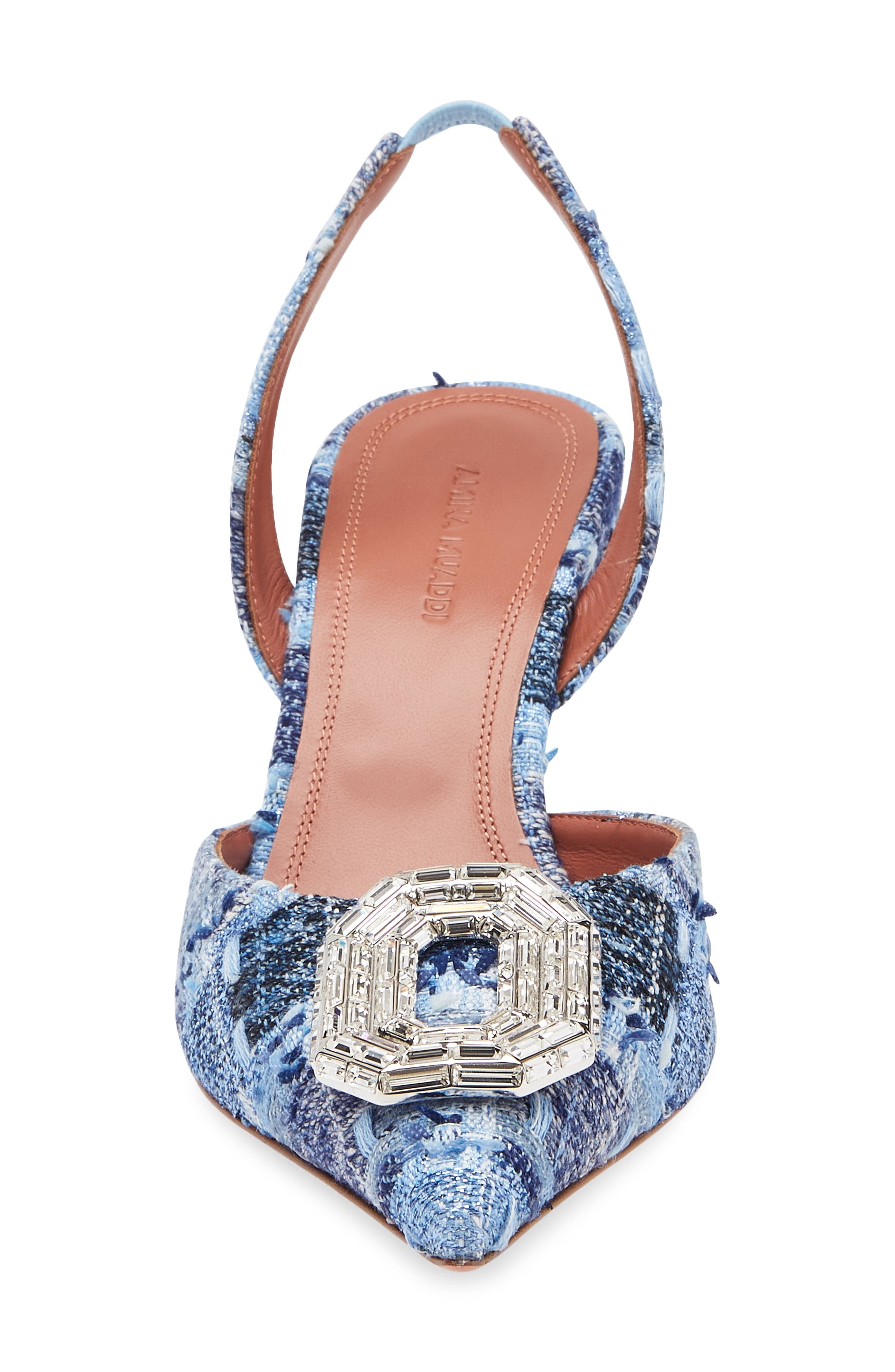 Amina Muaddi Camelia Crystal Buckle Pointed Toe Slingback Pump in Tweed Blue White Buckle at Nordstr - 4
