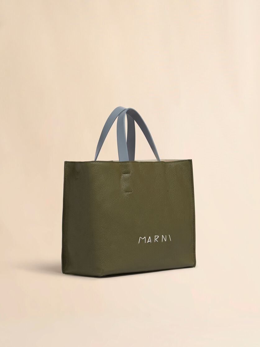 DEEP GREEN CREAM AND BLUE LEATHER MUSEO SOFT TOTE BAG WITH MARNI MENDING - 6