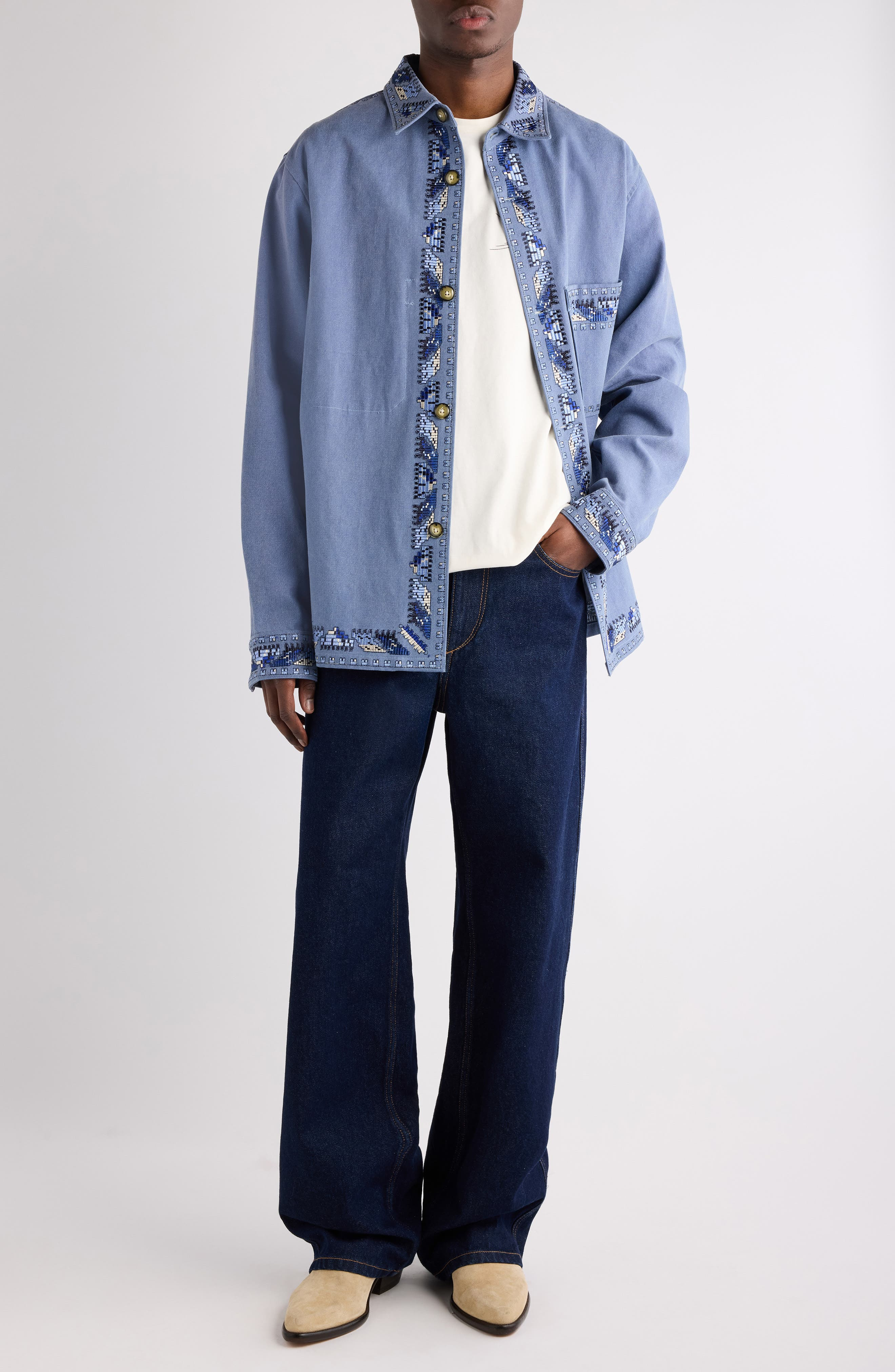 Isabel Marant Rudy Embroidered Cotton Shirt Jacket in Faded Blue at Nordstrom - 2
