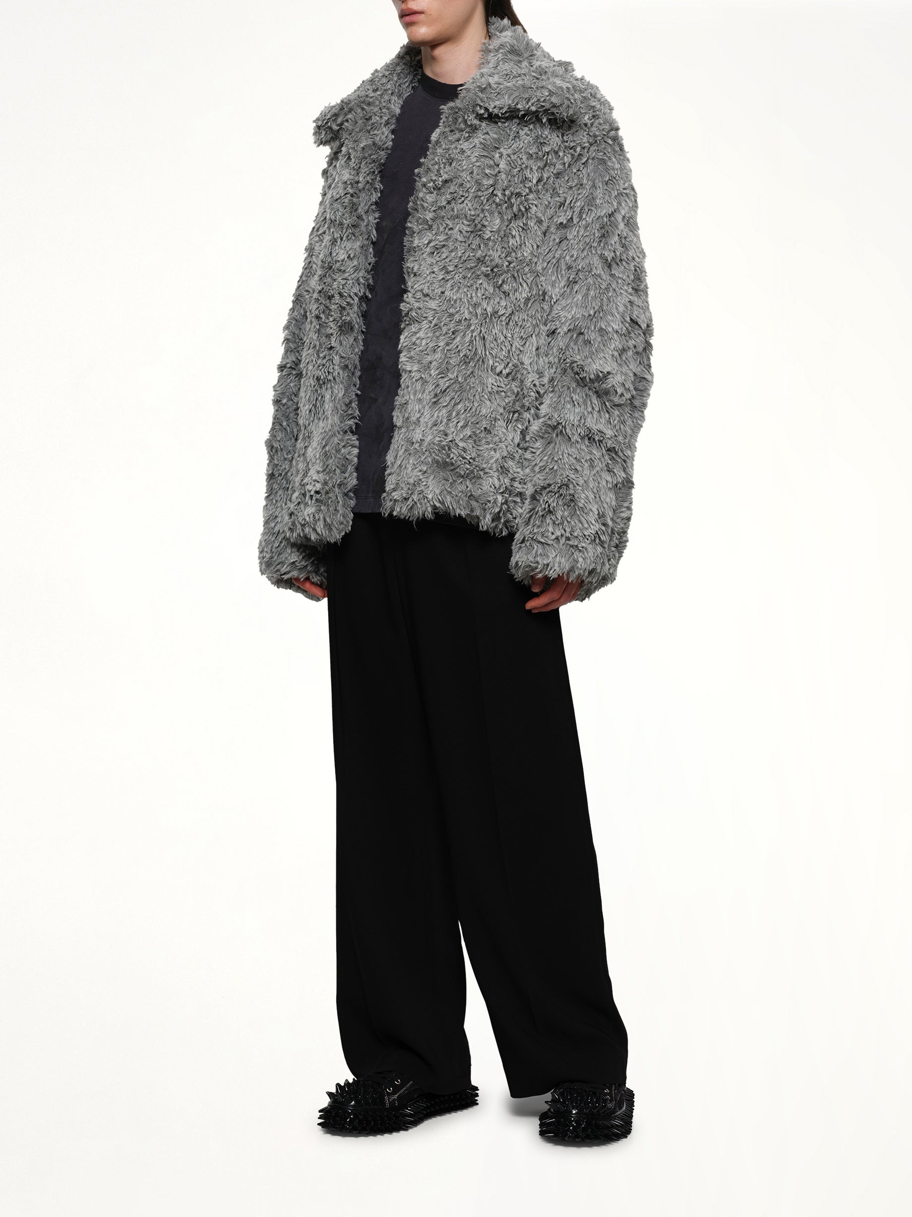 Sinister Mouth Faux Fur Jacket in Grey - 4