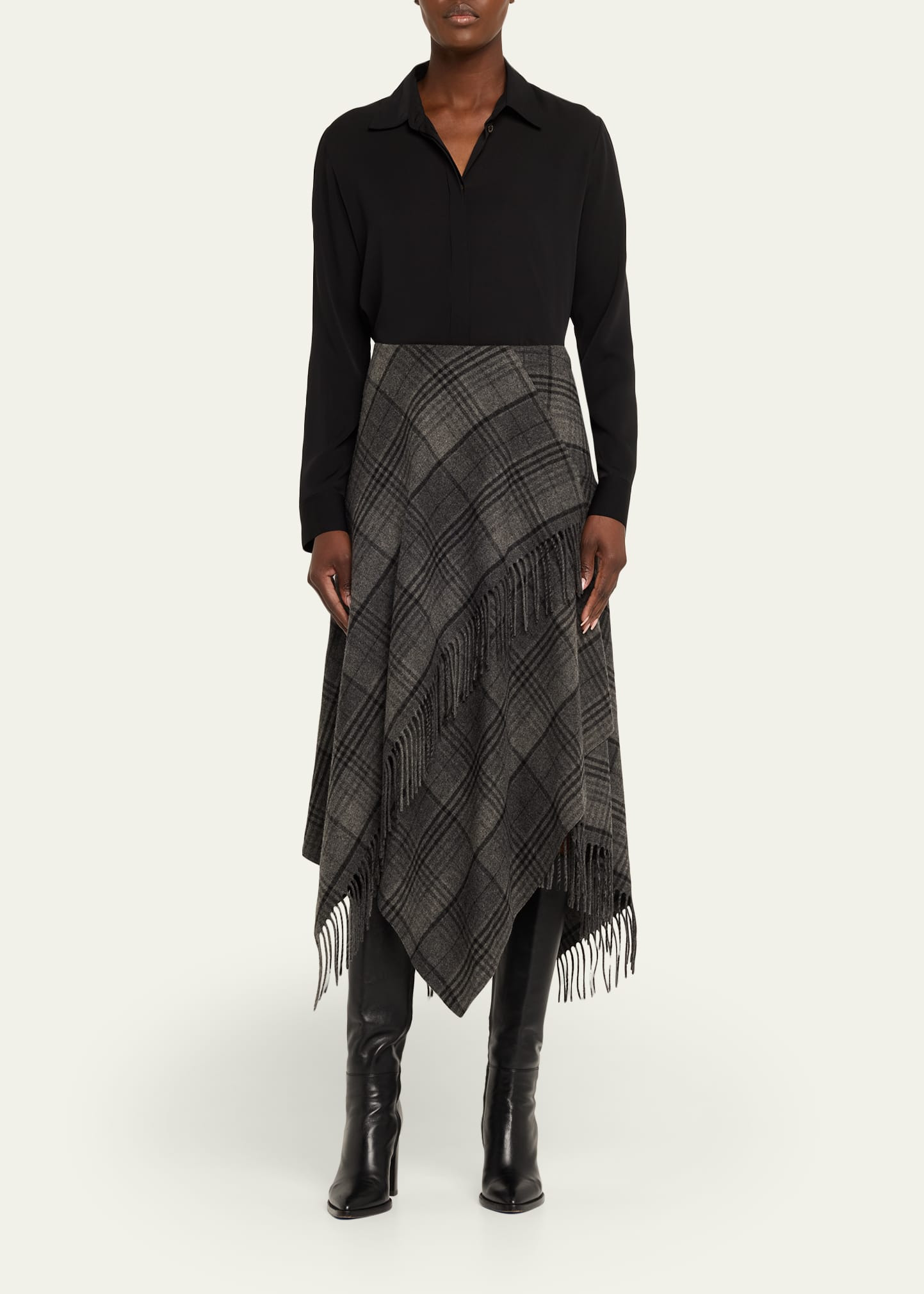 Fringed Plaid Wrap Midi Skirt - 2