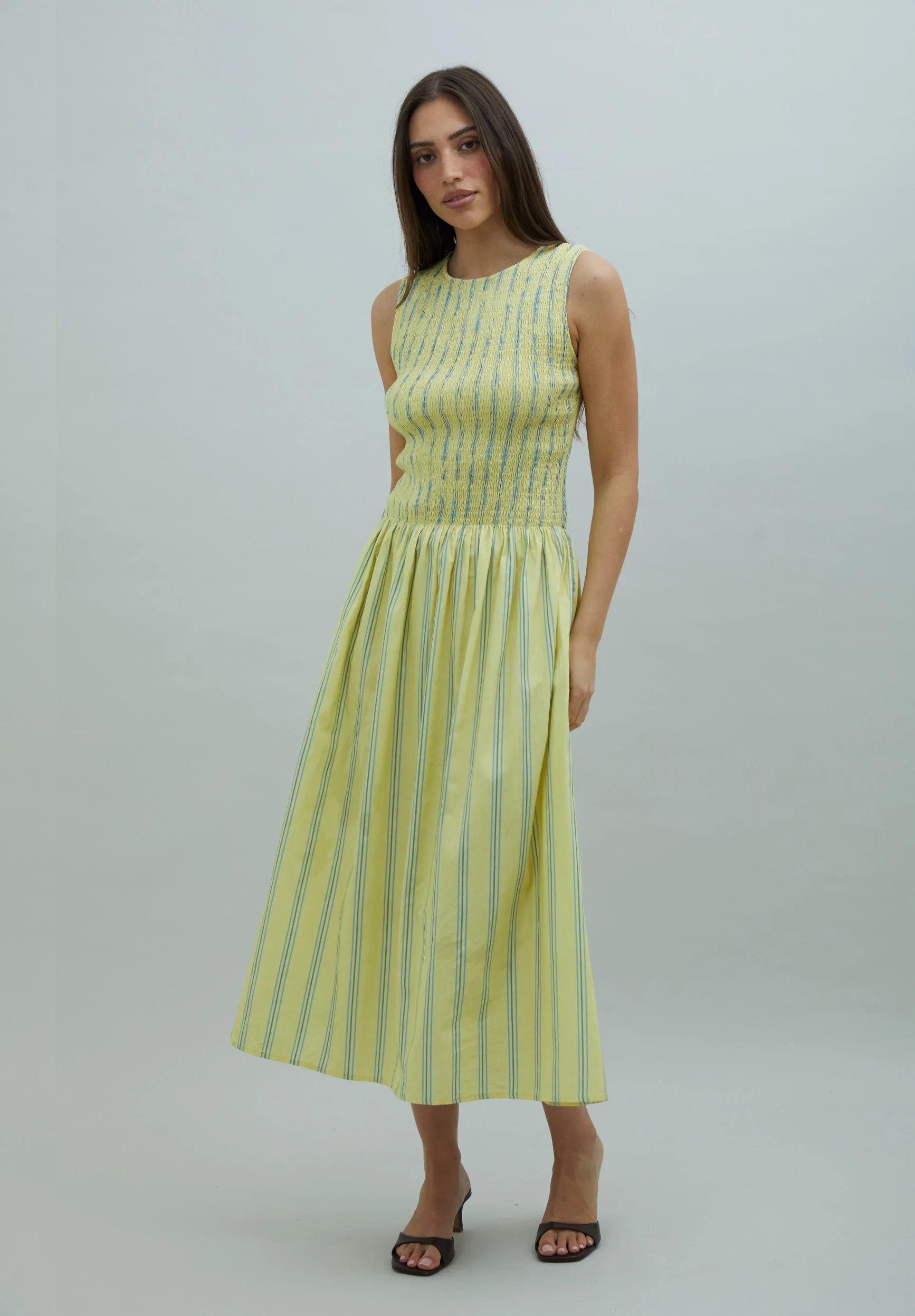 STRIPED RUCHED MESH DRESS - 1