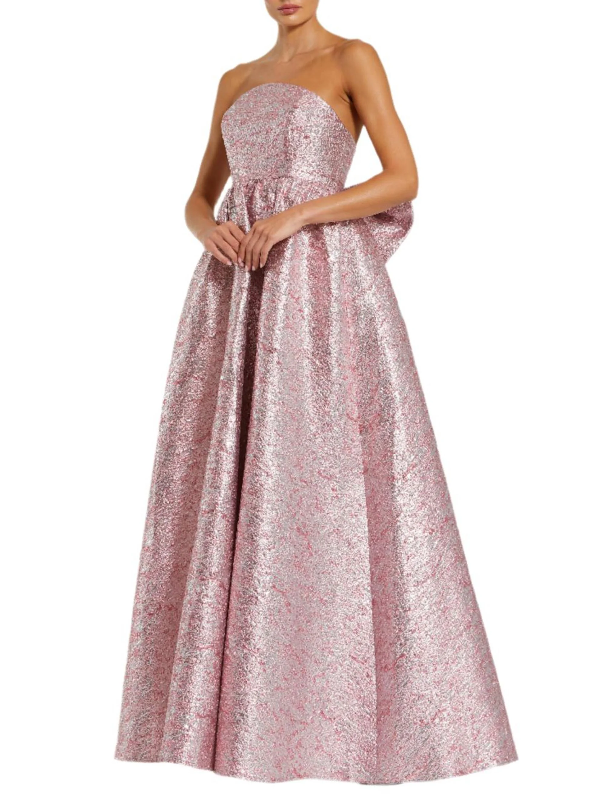 Women's Evening Metallic Brocade Bow Strapless Gown - Raspberry - 1