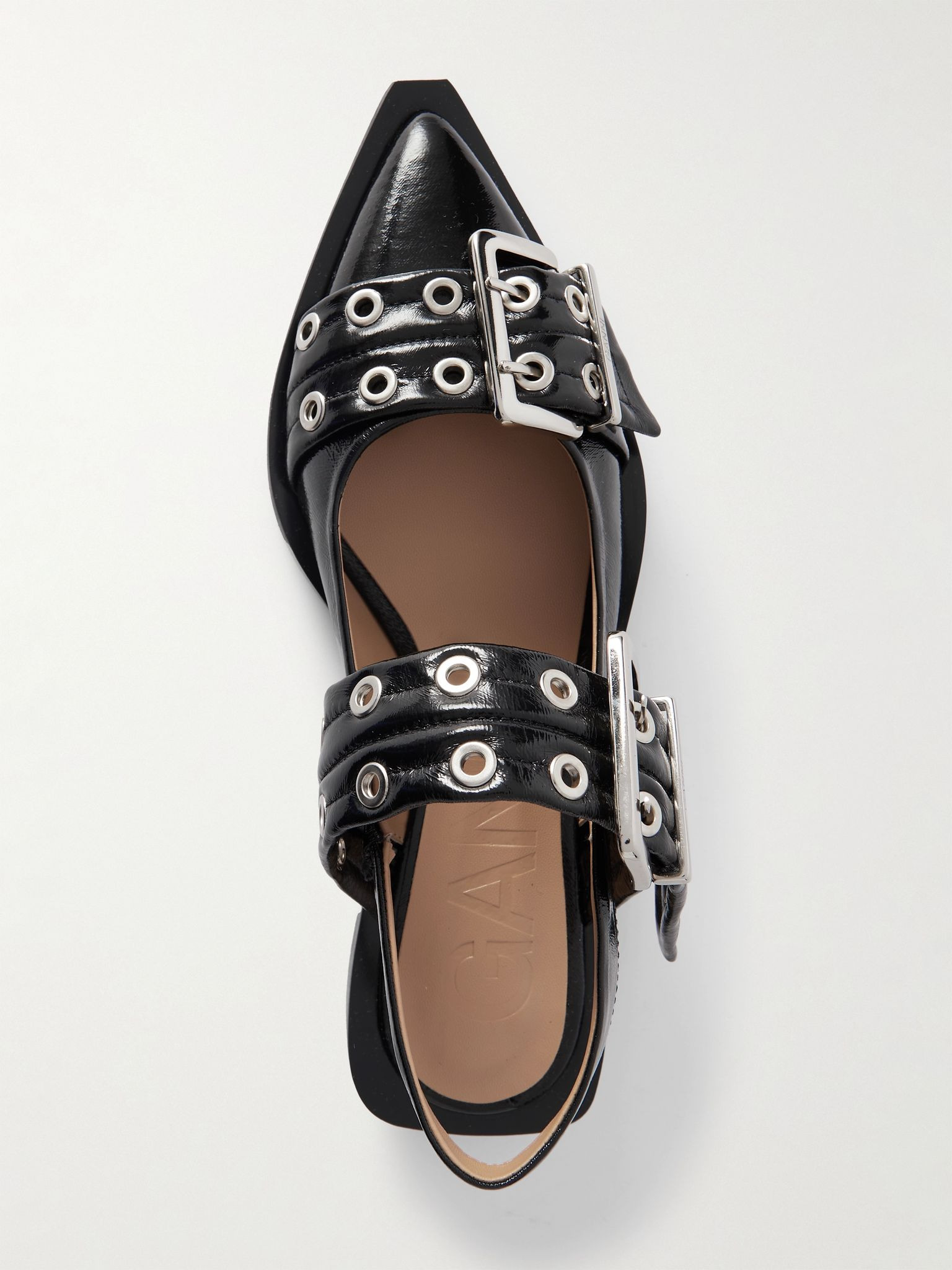 + NET SUSTAIN buckled eyelet-embellished recycled faux patent-leather ballet flats Black - 5