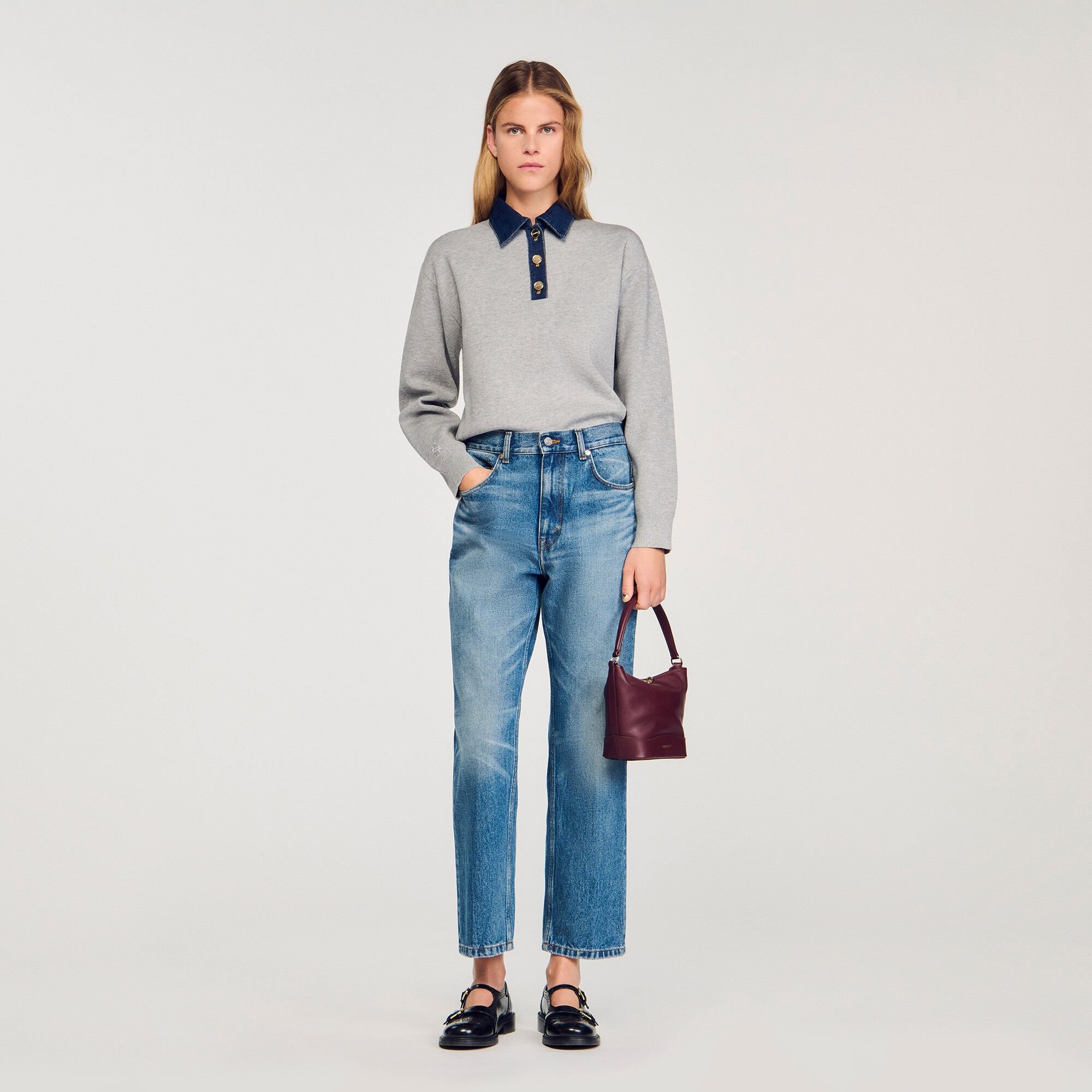 SWEATER WITH DENIM COLLAR - 1