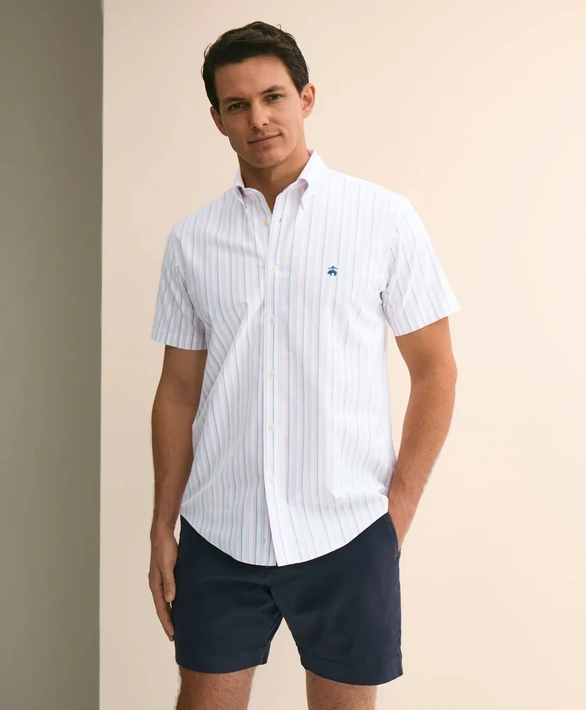 Stretch Cotton Non-Iron Oxford Polo Button Down, Double-Stripe Short Sleeve Sport Shirt - 1