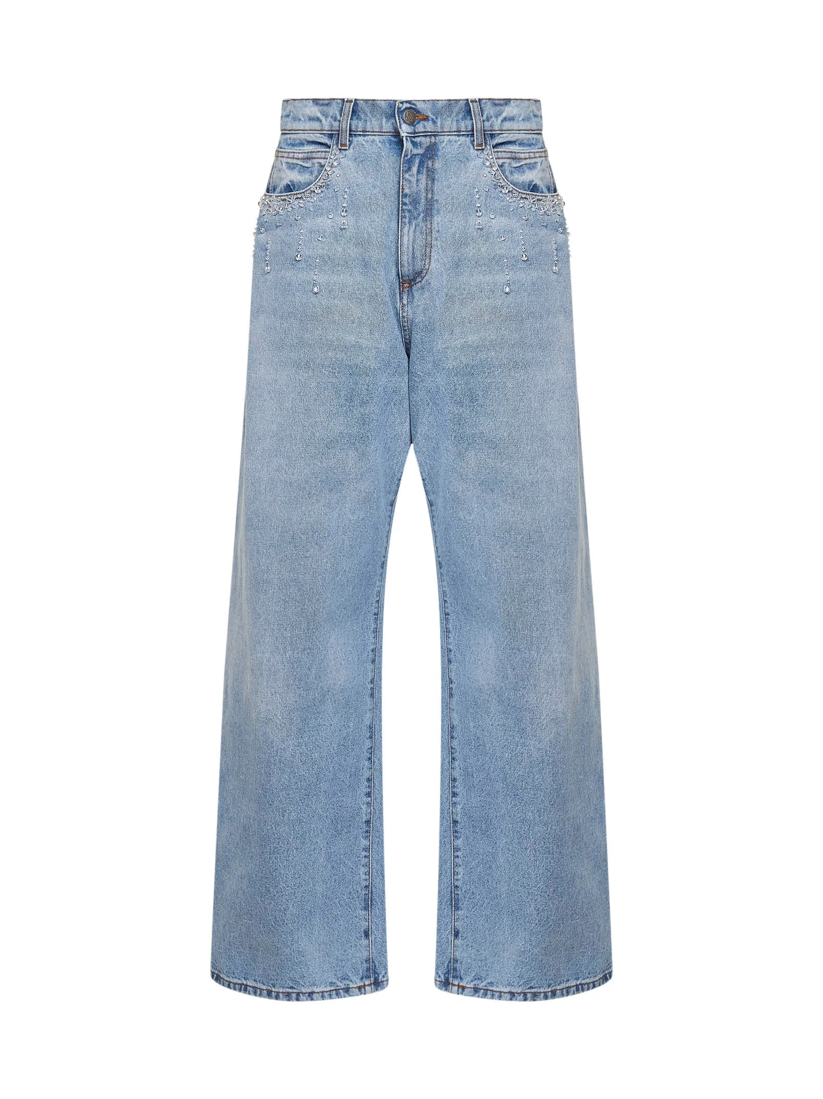 Light blue denim crystal-embellished baggy jeans - 1
