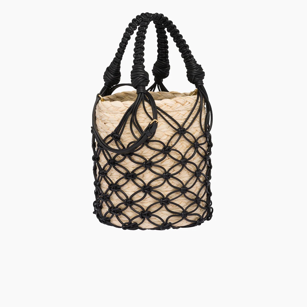 Leather mesh and straw bucket bag - 4