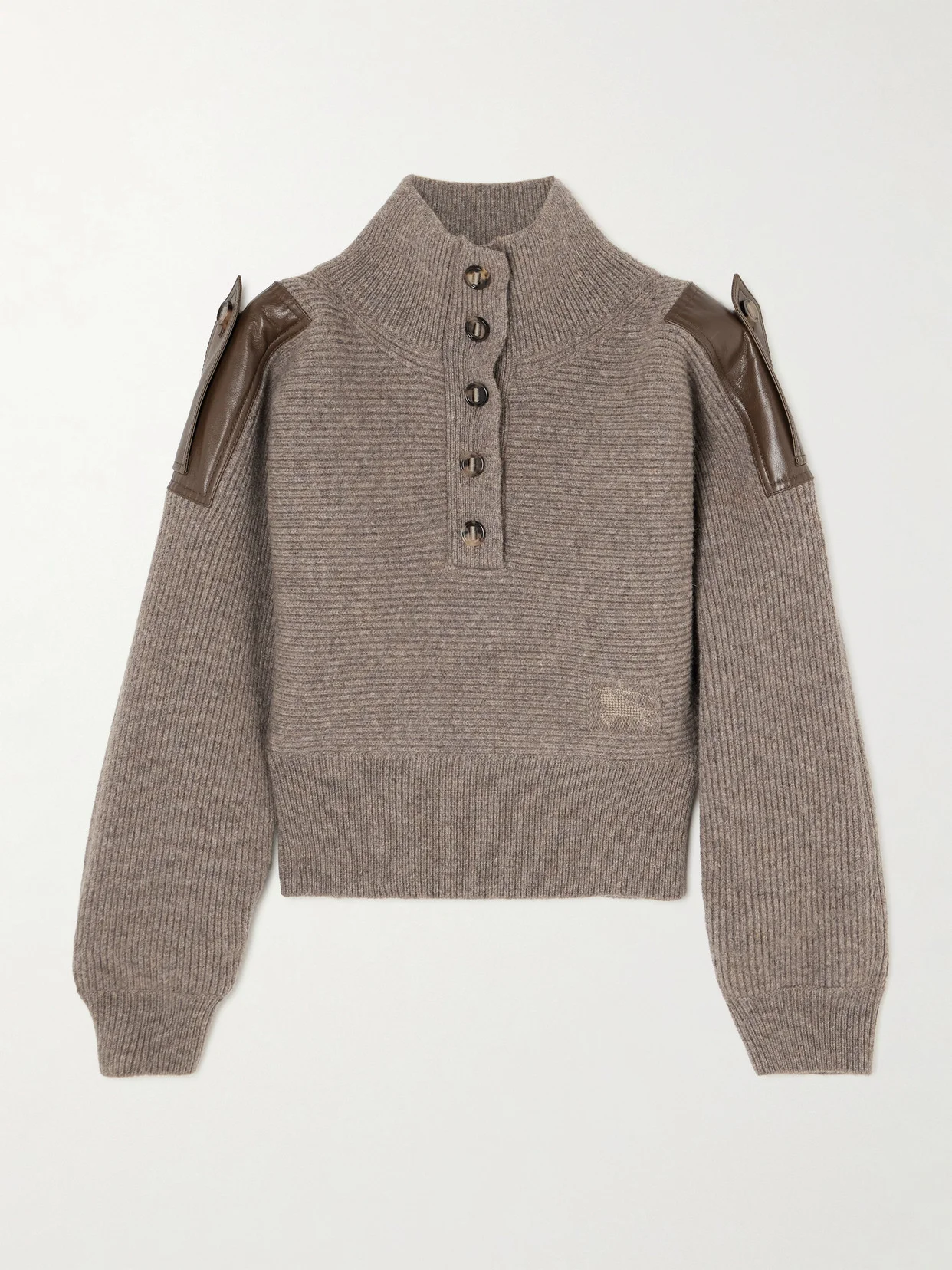 Leather-trimmed Ribbed Wool Polo Sweater - 1