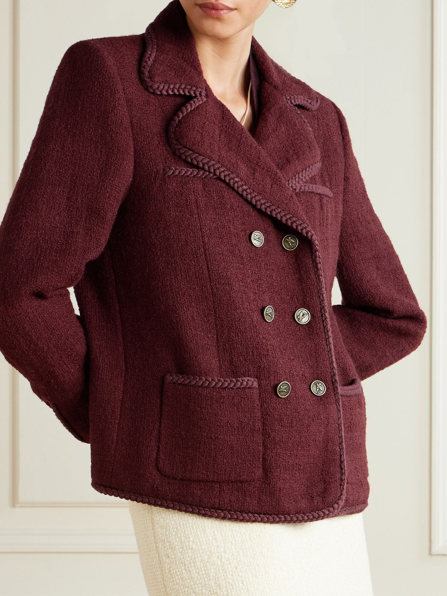 Double-breasted wool-blend tweed jacket Burgundy - 3