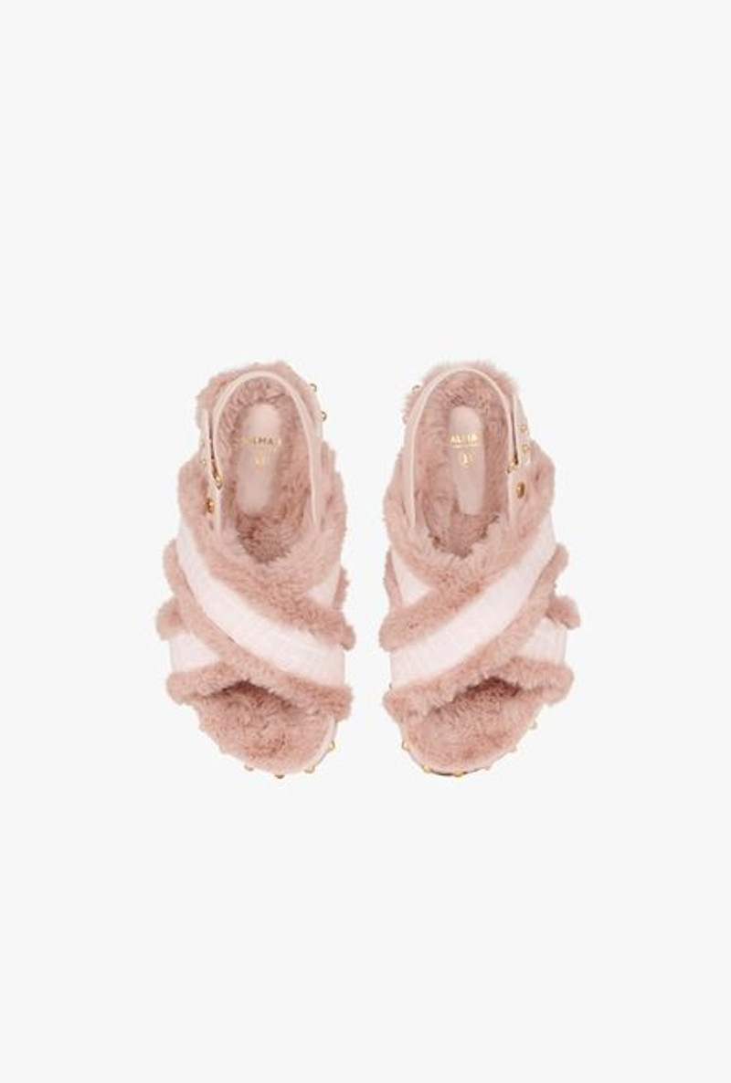 Bicolor jacquard and faux fur Tam flat sandals 4
