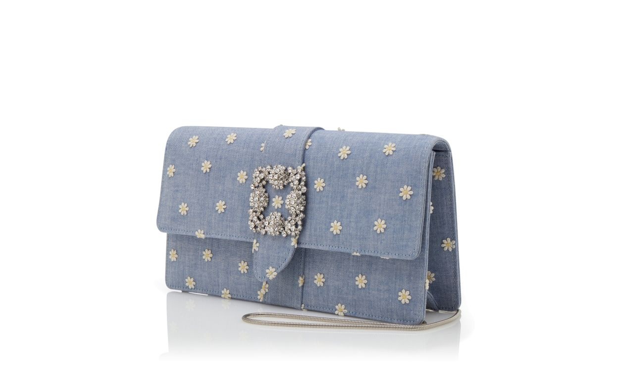 Blue and White Chambray Jewel Buckle Clutch - 3
