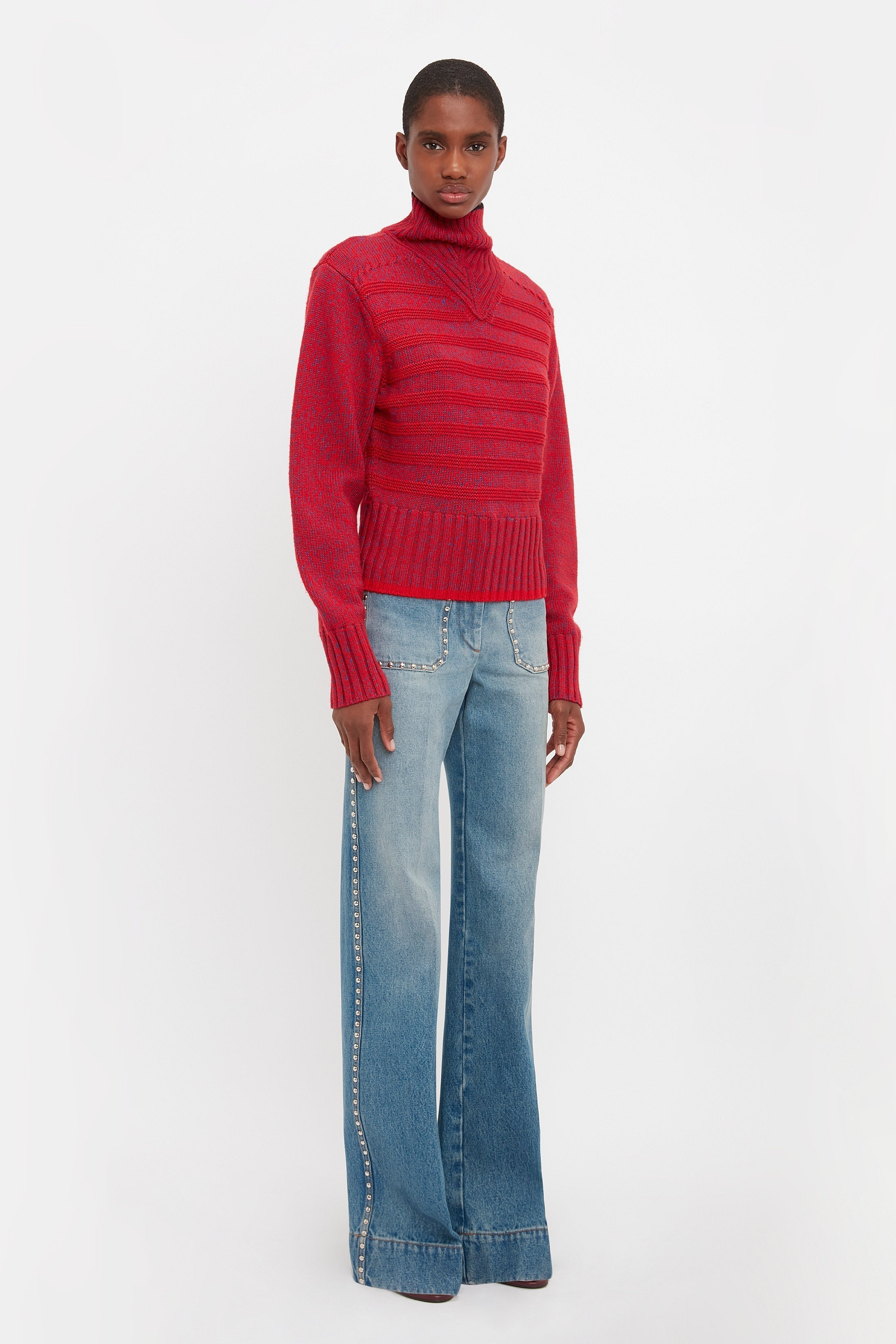 Ribbed Detail Polo Neck In Red - 3