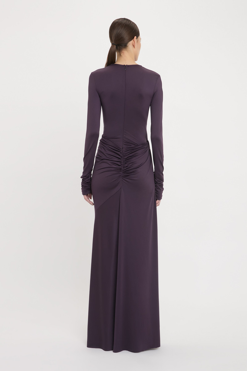 Long Sleeve Tie Front Gown In Fig 4