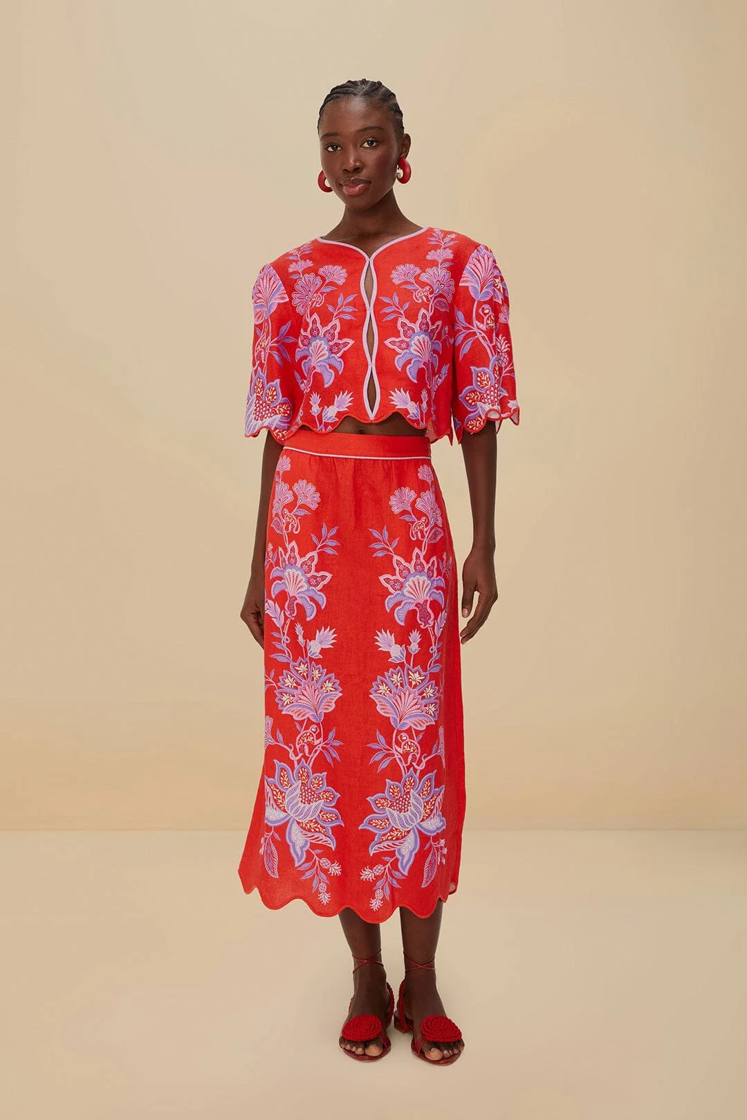 Red Porcelain Garden Euroflax™ Premium Linen Midi Skirt - 1
