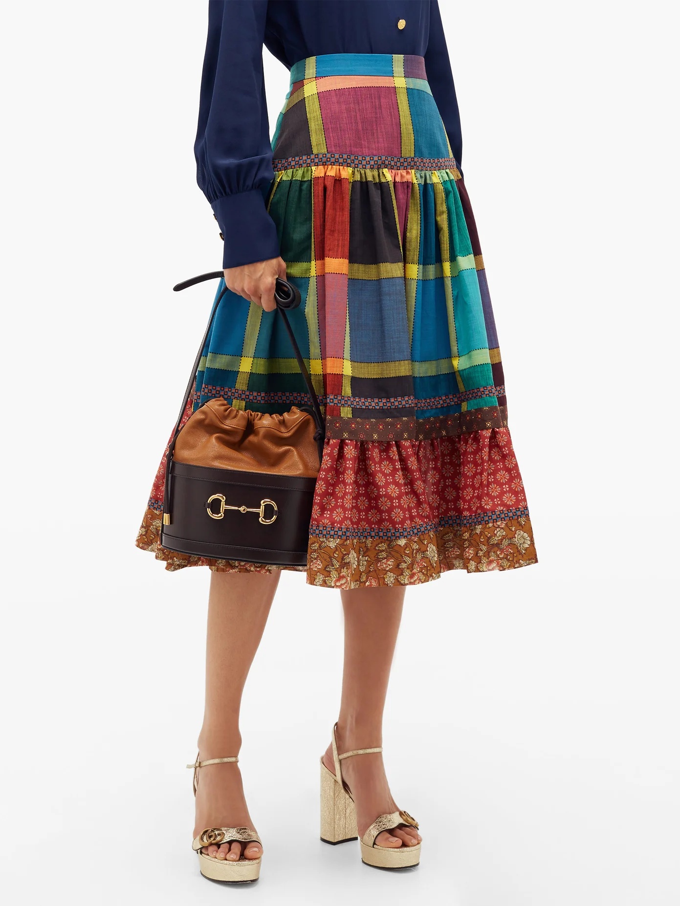 Madras-check gathered A-line cotton midi skirt - 6