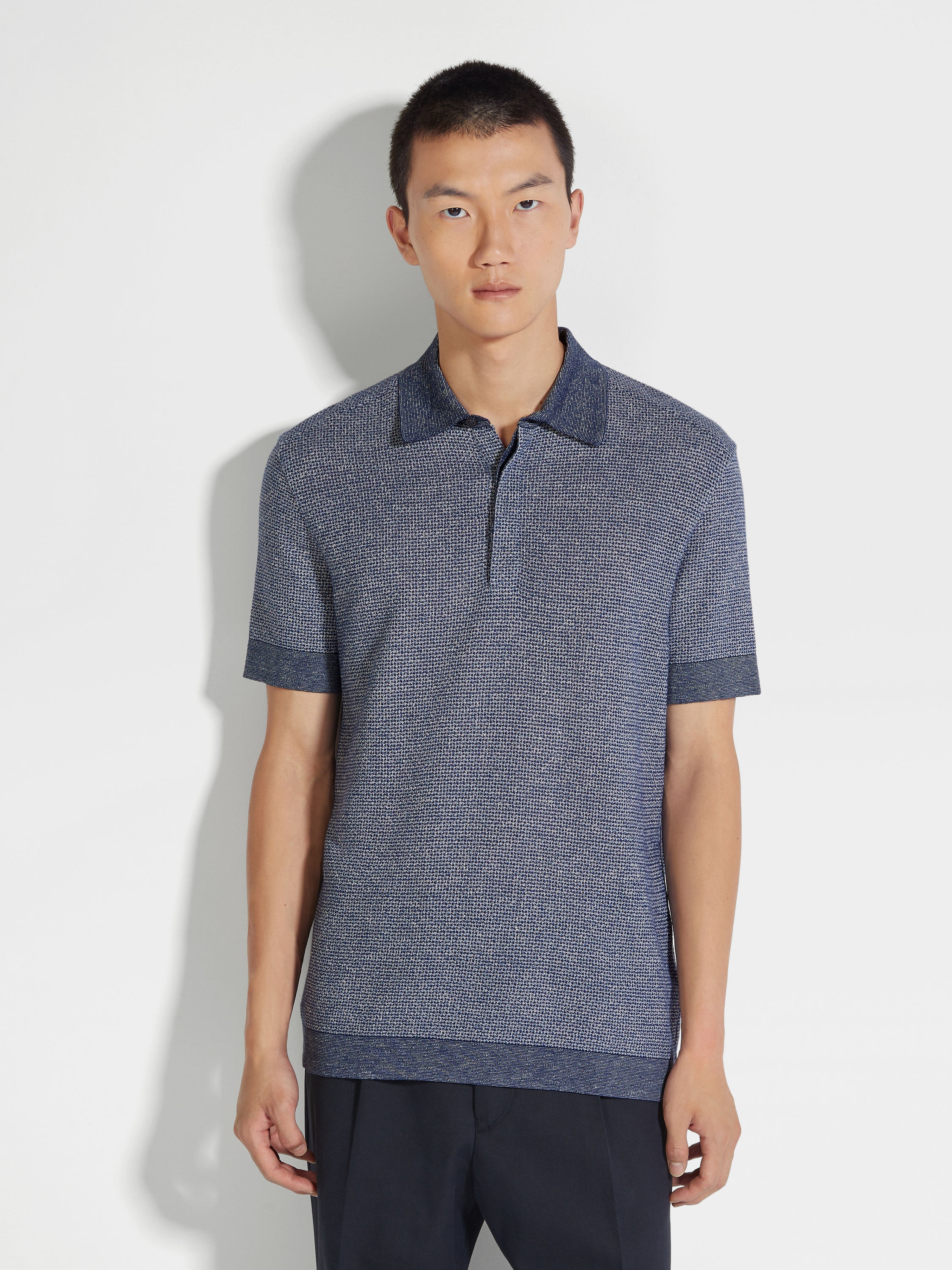 UTILITY BLUE COTTON LINEN AND SILK POLO SHIRT - 4