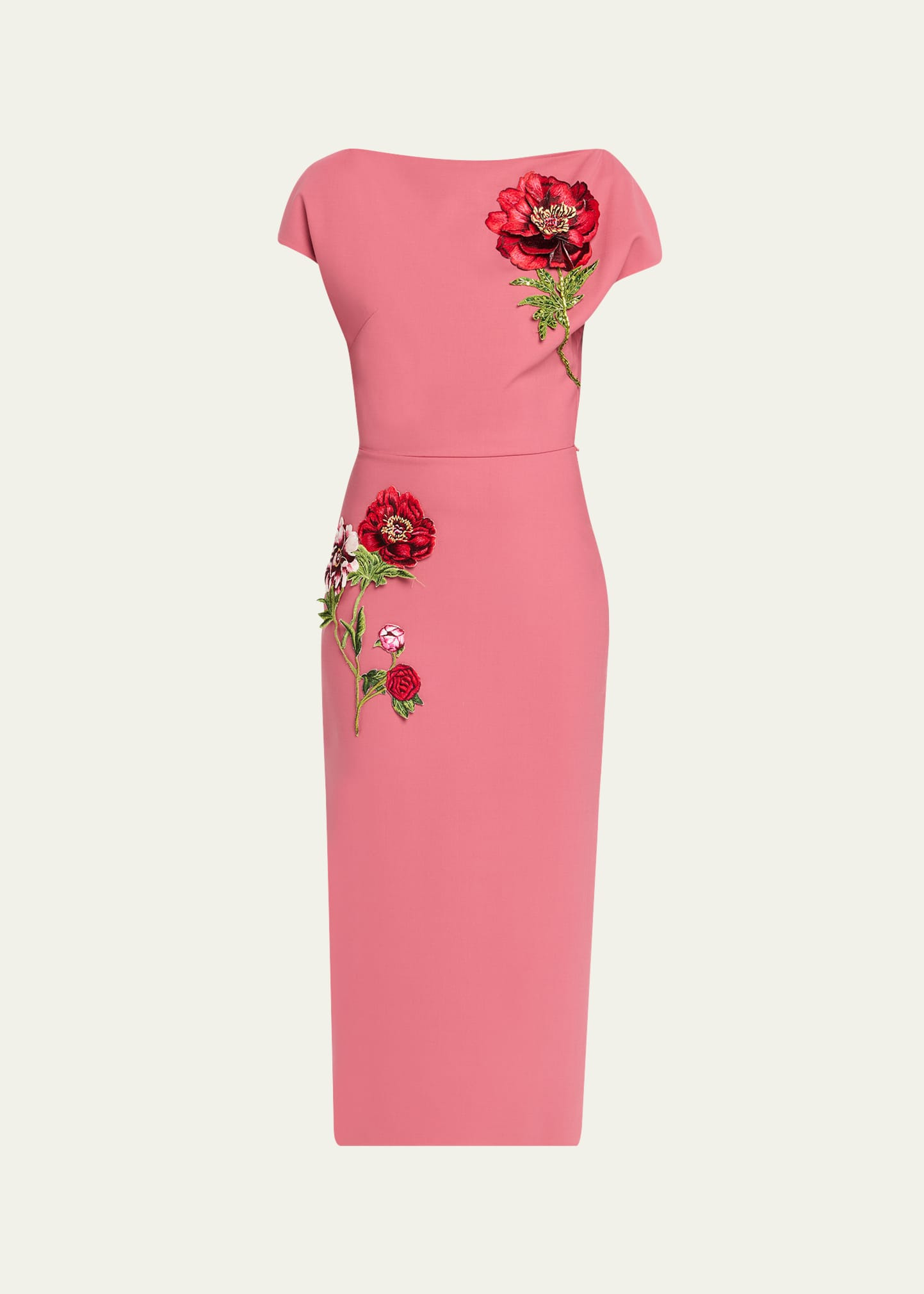 Floral Embroidered Short-Sleeve Wool Midi Dress - 1